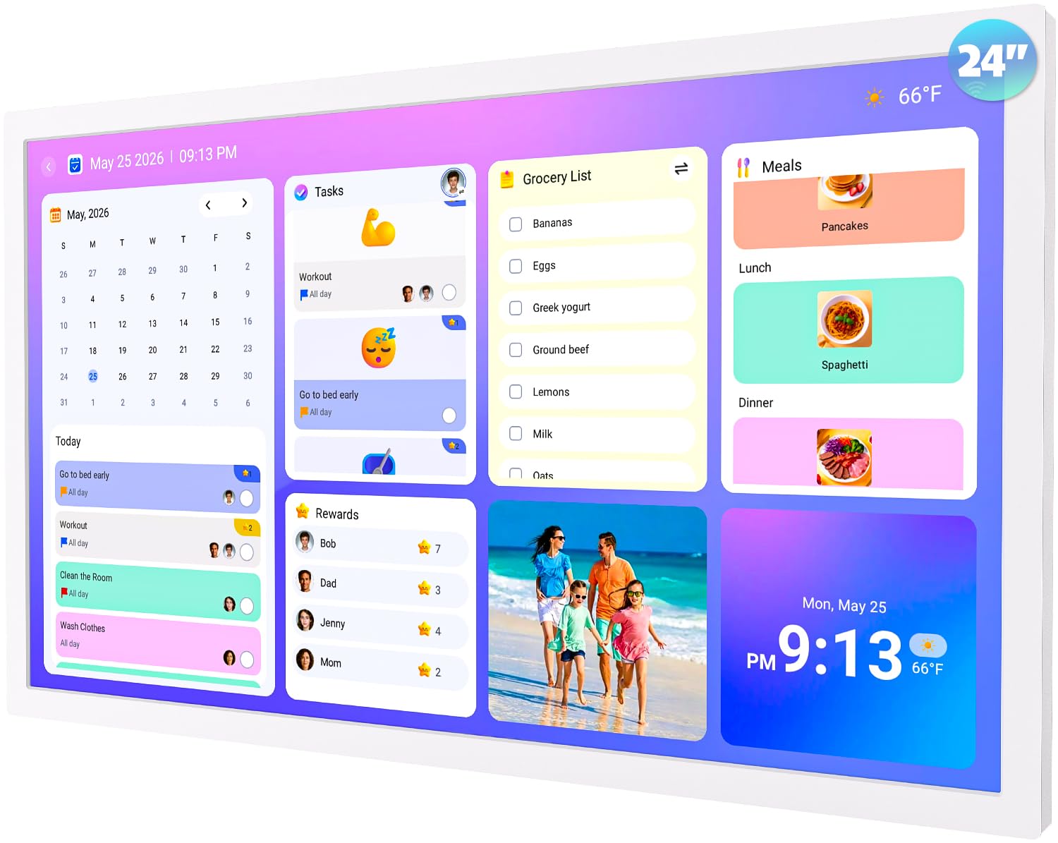 24-inch Smart Digital Calendar Touch-Screen-Whiteboard - Interactive Electronic eCalendar Whiteboard for Chore Chart, Star Rewards, No Subscription, Sync Cal via APP, Digital Photo Frame, Gift for Mom