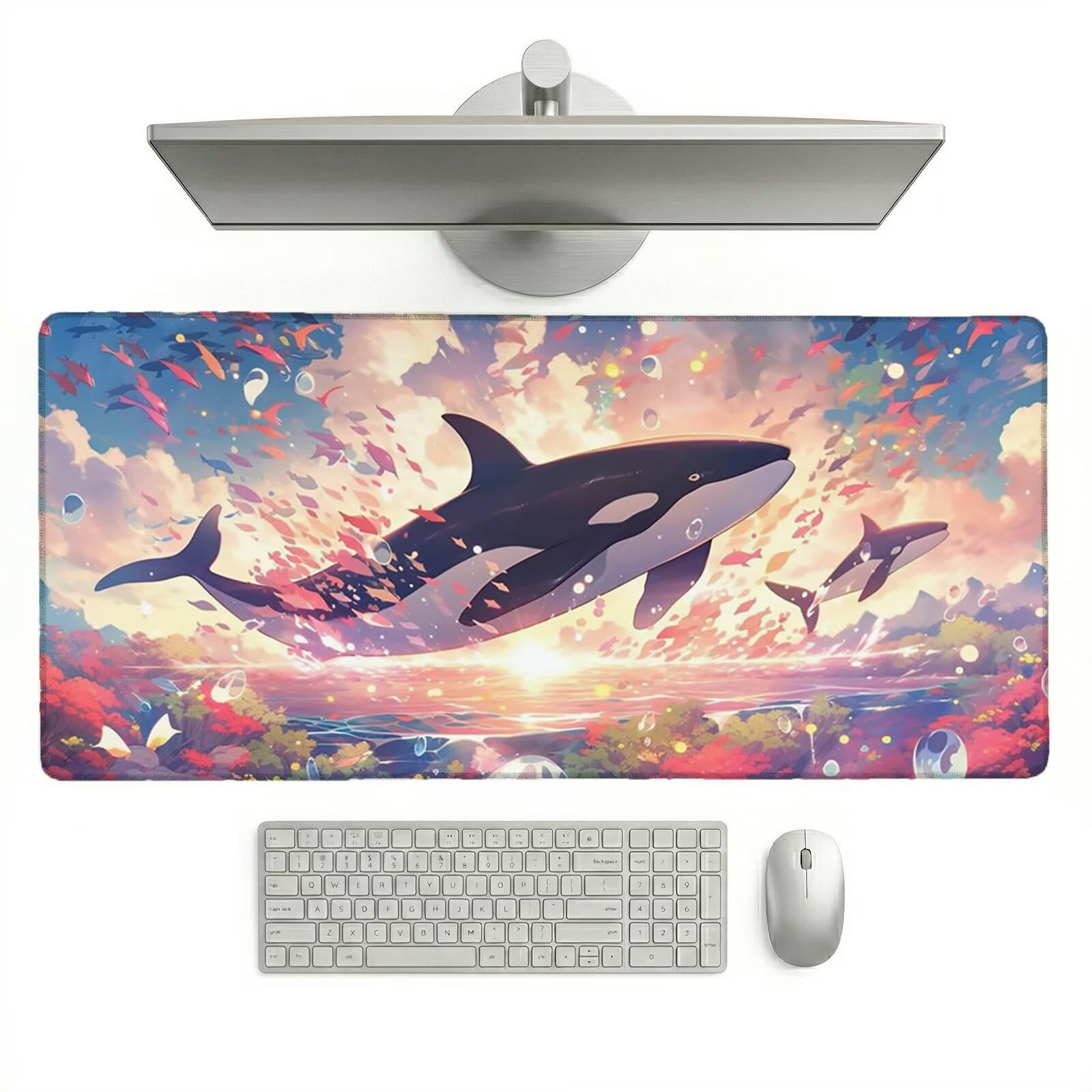 Tappetino Mouse XXL 1200 x 600 x 3 mm, Sottomano Scrivania, Sogno Grande Tappeto da Tavolo con Base in Gomma Antiscivolo e Bordi Cuciti, Impermeabile, per Ufficio, Computer e Gaming (Balena) L-x5586