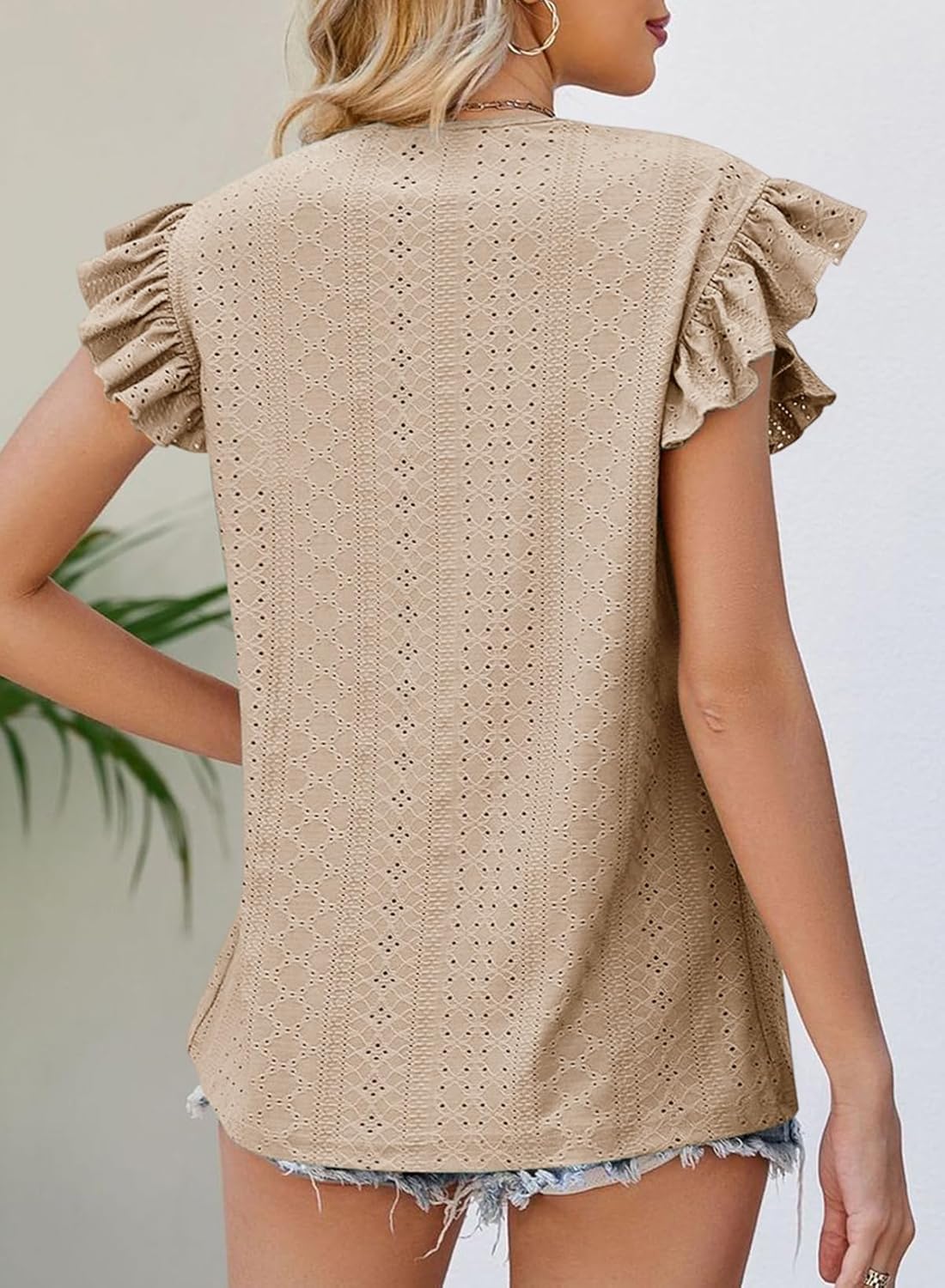 Dokotoo Womens Summer Knit Tops 2025 Hollow Out Crewneck Cute Ruffle Short Sleeve Womens T Shirts Blouses - Image 4