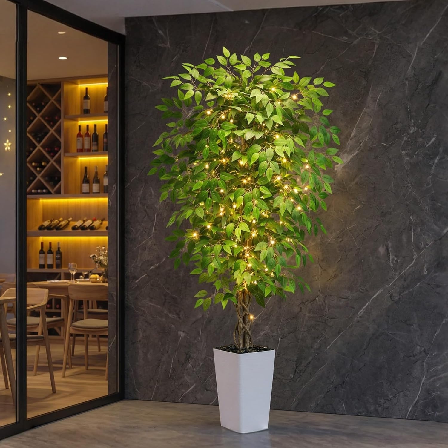 Artificial Ficus Tree 5FT Faux Plants Indoor Tall Fake Plants with White Tall Planter, Green Lifelike Lush Fake Ficus Tree for Home Living Room Bedroom Outdoor Balcony House Office Decor