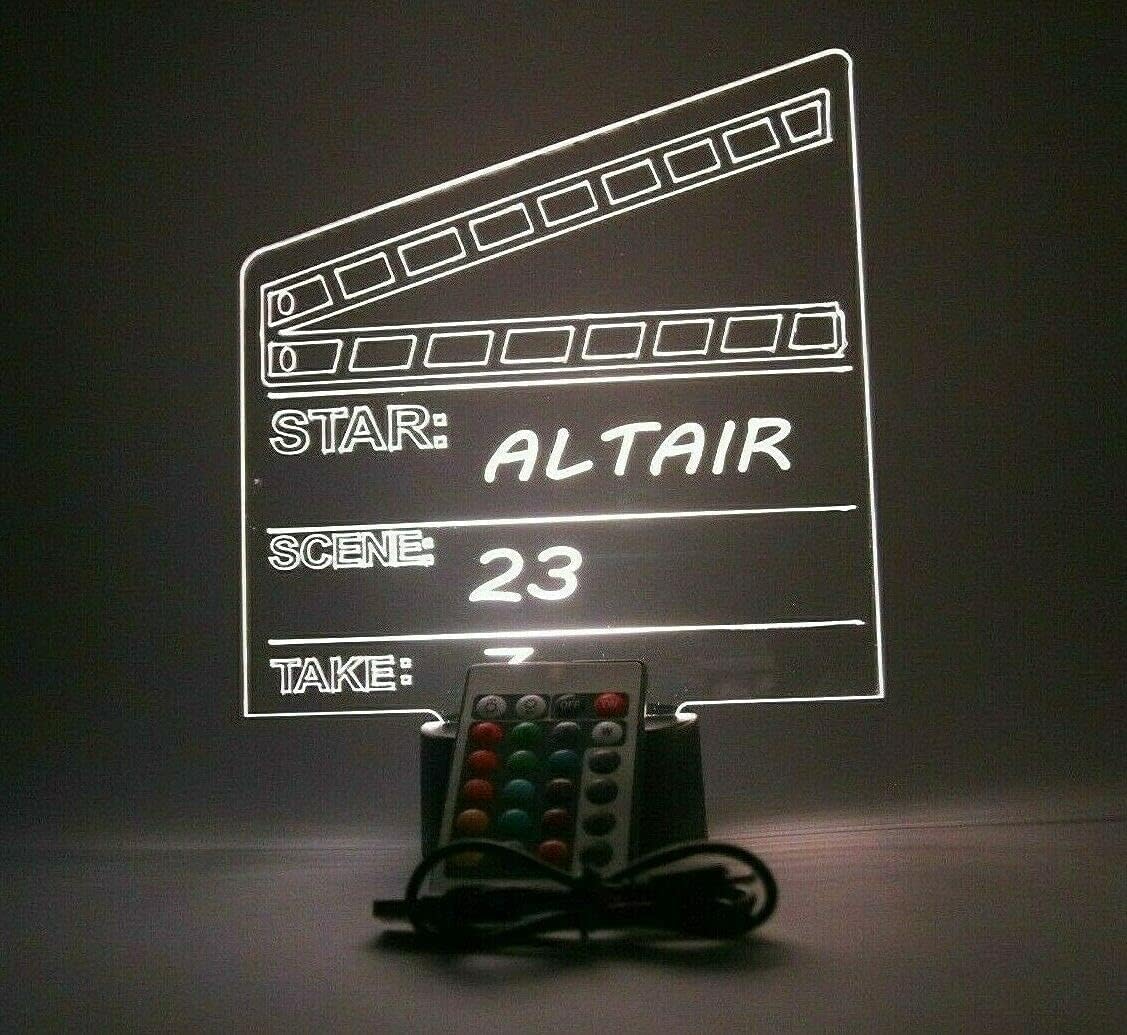 Director Film Clapboard Action Scene Clapper Board Movie Night Light Up LED Free Engraved Custom Name Personalized Desk Table Lamp Room Decor, With Remote, 16 Color Options, It's WOW, Great Gift