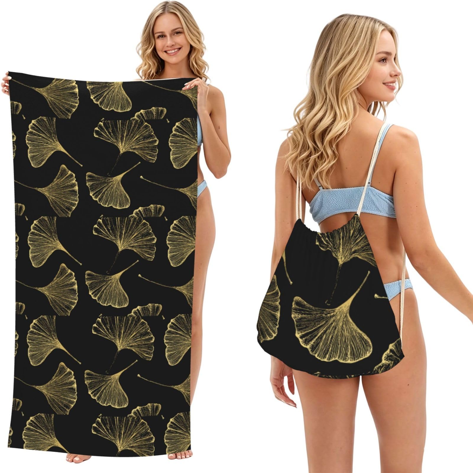 Poadnly As Picture Ginkgo Biloba Plant, 2 In 1 Packable Towel Bag, Beach Towels With Drawstring Backpack For Travel Holiday Camping