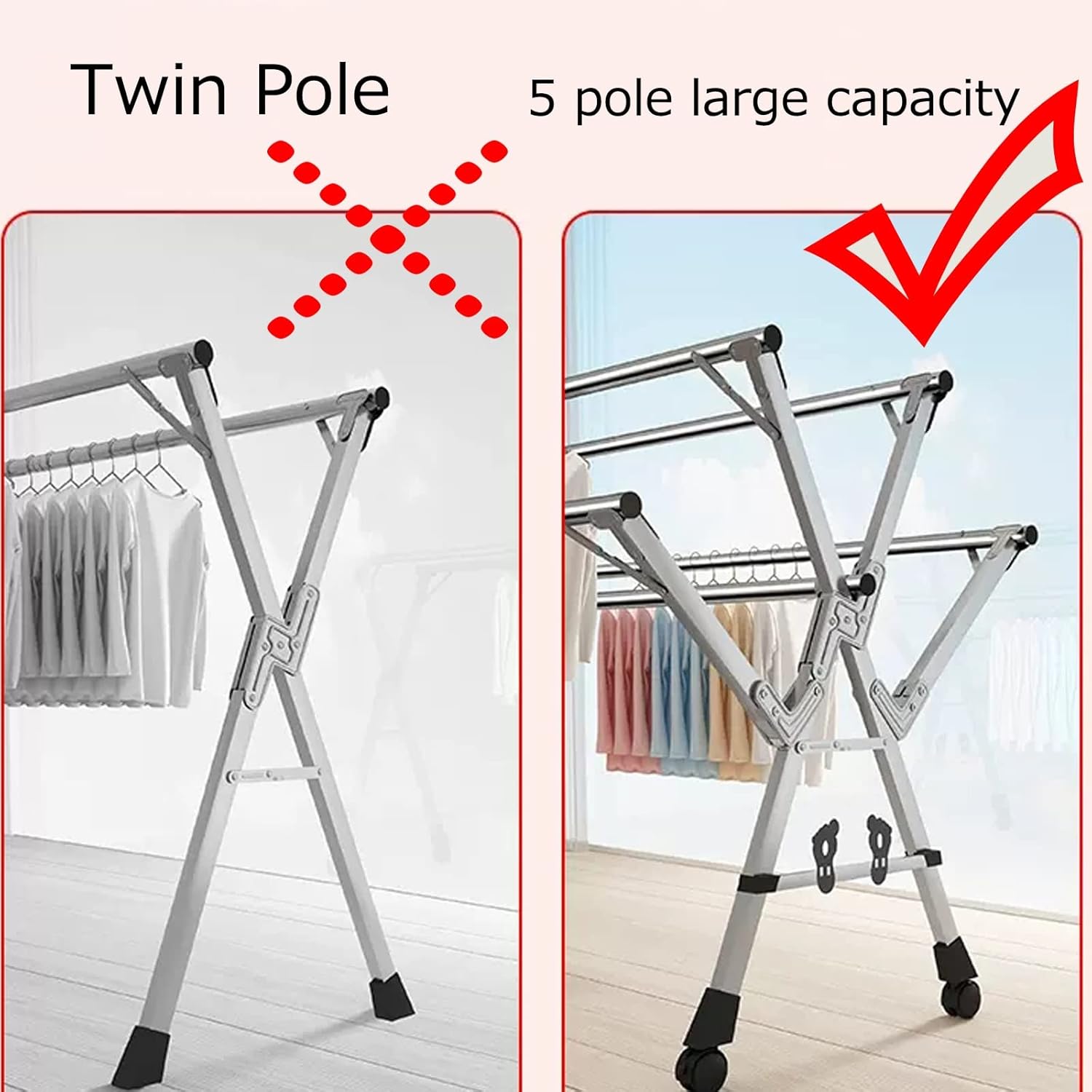 Clothes Horse Clothes Airer Folding Clothes Drying Rack,Stainless Steel Laundry Drying Rack,Retractable Drying Rack,Movable Drying Rack with 4 Castors,Clothes Drying Rac,Silver 1.352m