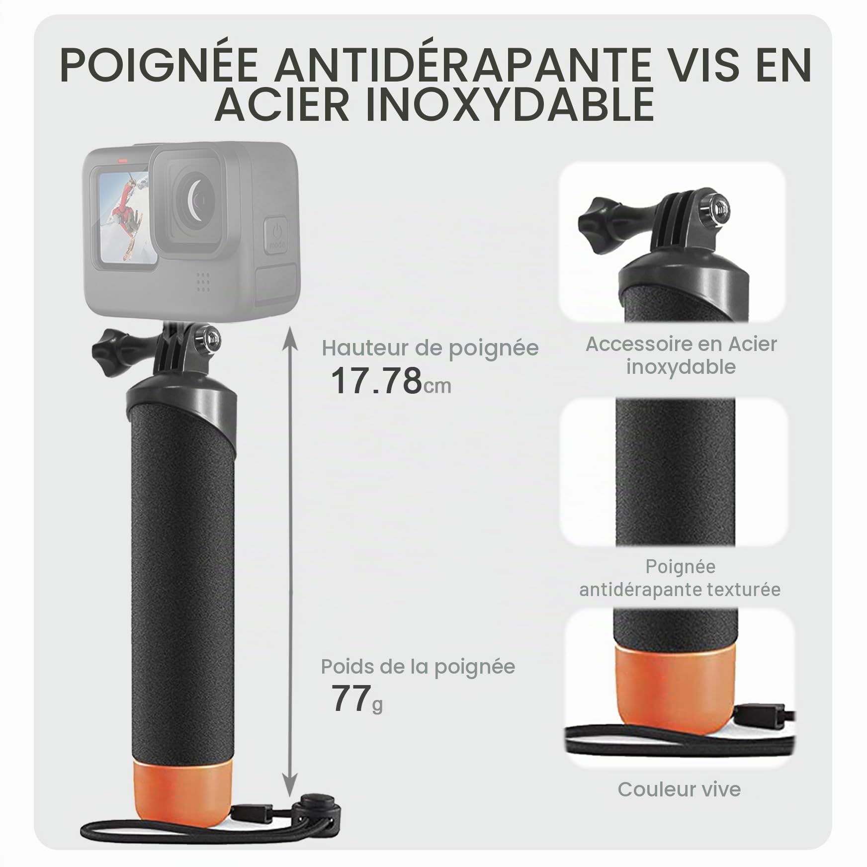 FitStill Monopode étanche avec poignée flottante + corde en acier Cored de sécurité pour caméras d'action Go Pro Hero Session DJI Osmo plongée sous-marine Selfie Stick