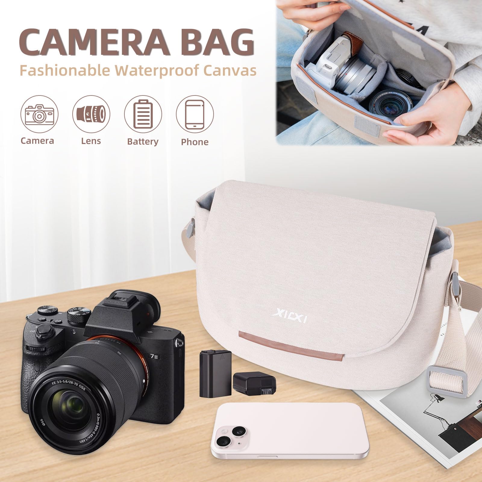 Hainue Sac Appareil Photo SLR,Crossbody Bandoulière Housse de Protection pour Appareil Photo,Sac Photographe avec Rembourrage Intégré est Compatible avec Canon/Sony/Nikon (Beige)