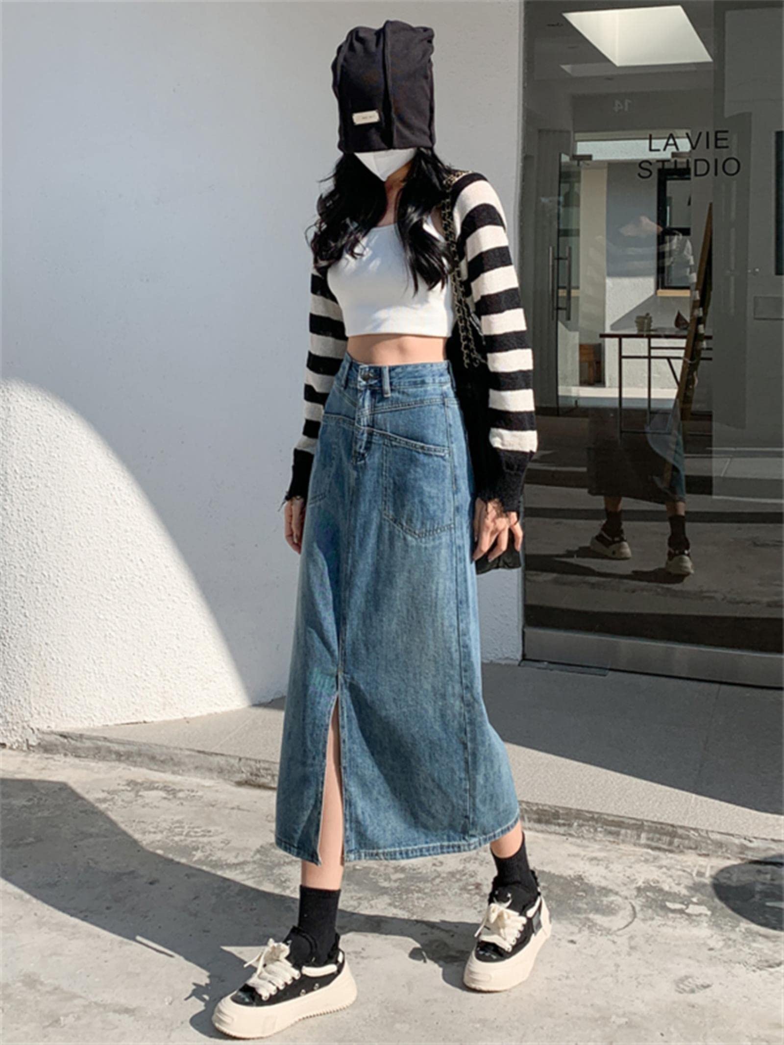 TOBILE Jupes rétro bleu mi-longue jupe en jean pour femme printemps et été nouveau style urbain simple poche droite fendue A-Line jupe femme