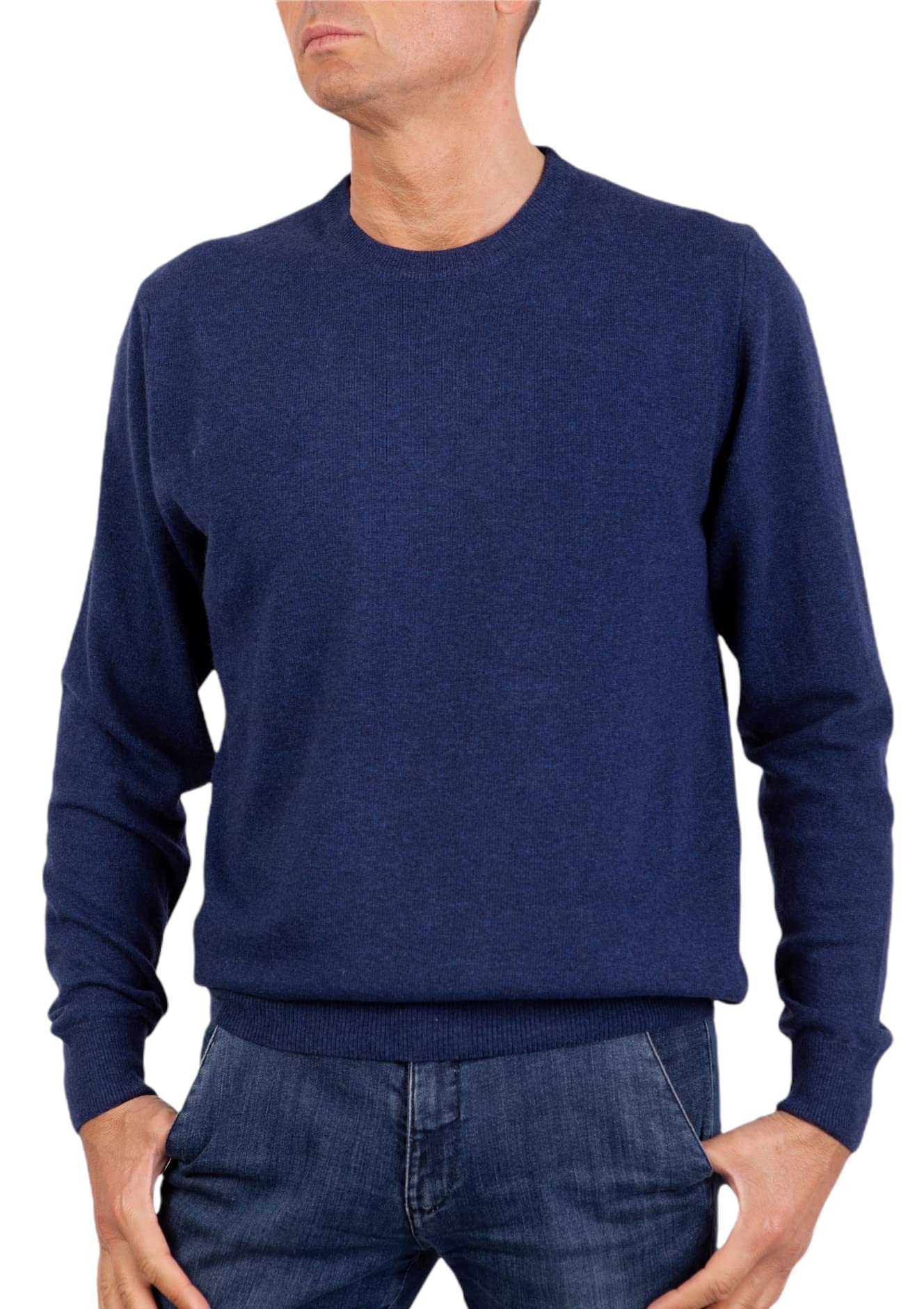 Men's Crew Neck mere Blend Silk Made in Italy Sweater Paricollo Pullover Long Sleeve Merino Wool mere Sweater Beige Blue Grey Knit Winter Clothing Gift, Blue Melange, L