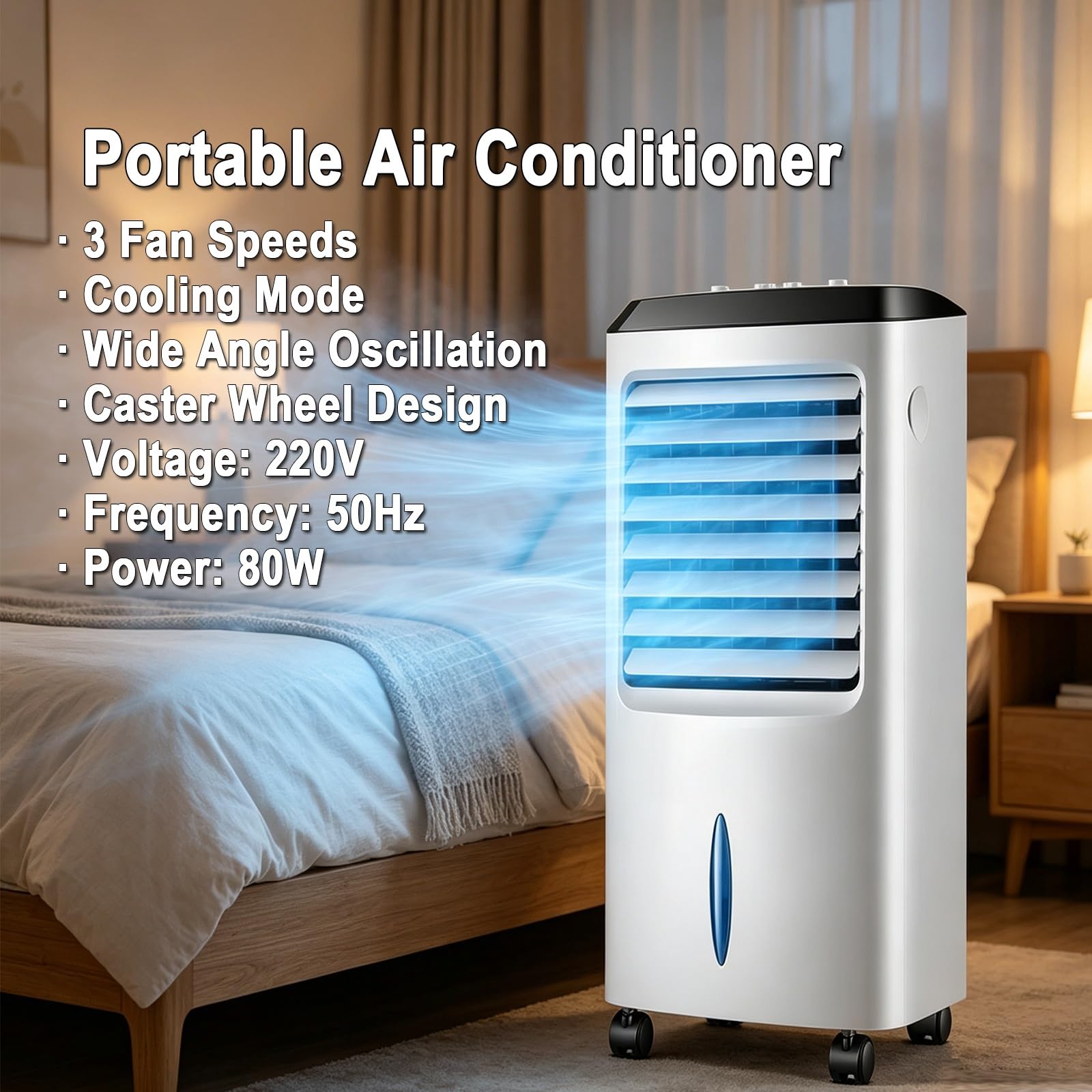 Aire Acondicionado Portátil Sin Tubo, Acondicionador de Aire 80W, Oscilación 120°, 3 Veloc, 37x30x78 cm, para Habitación