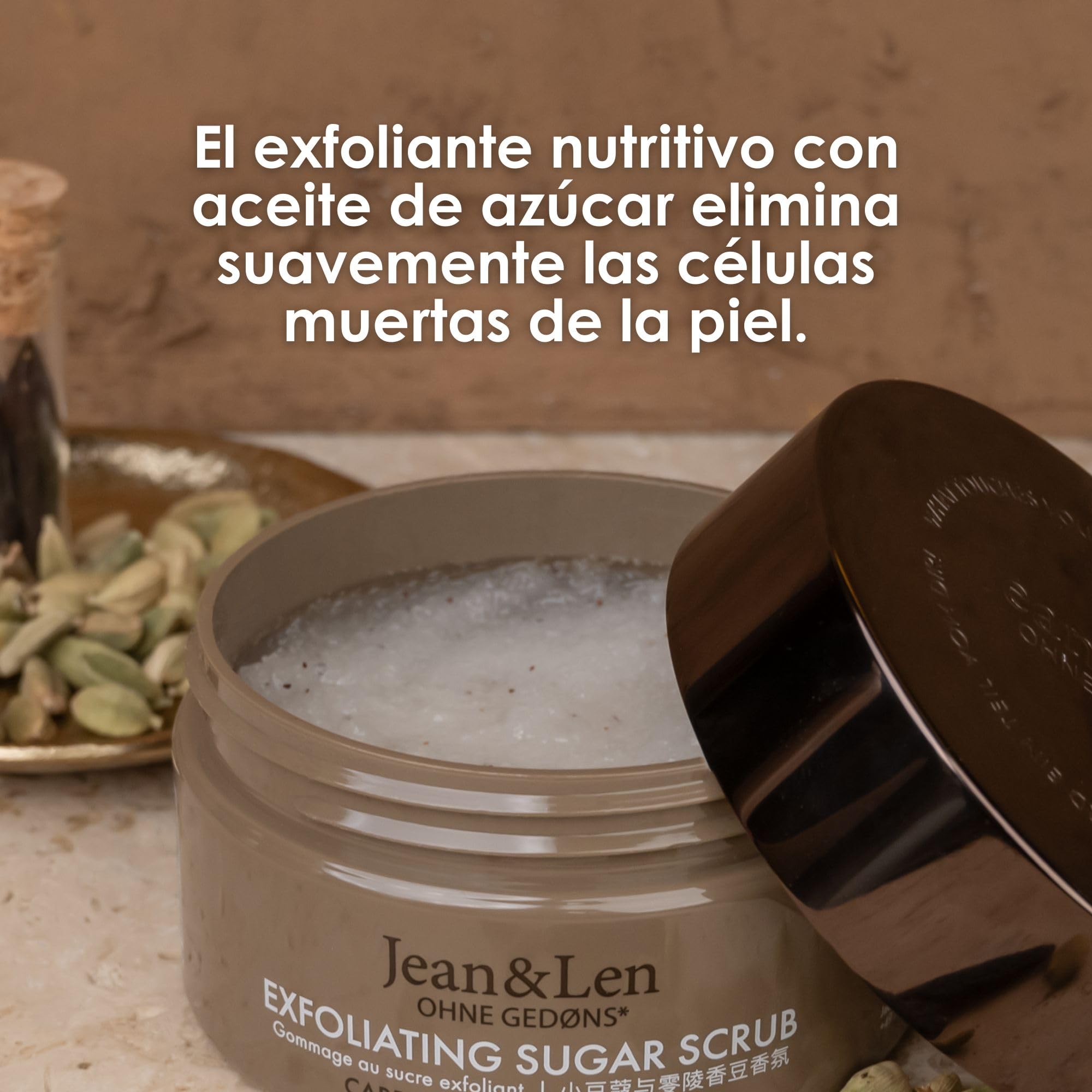 Jean & Len Exfoliating Sugar Scrub Cardamom & Tonka, para una experiencia de limpieza aromática, con aceites nutritivos, bonito tarro, exfoliante de azúcar y aceite sin parabenos ni siliconas, 200 ml