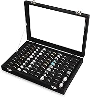 Frebeauty 100 Slots Ring Organizer Tray with Clear Lid - Velvet Jewelry Storage Box for Rings, Earrings, Studs Display (Black)