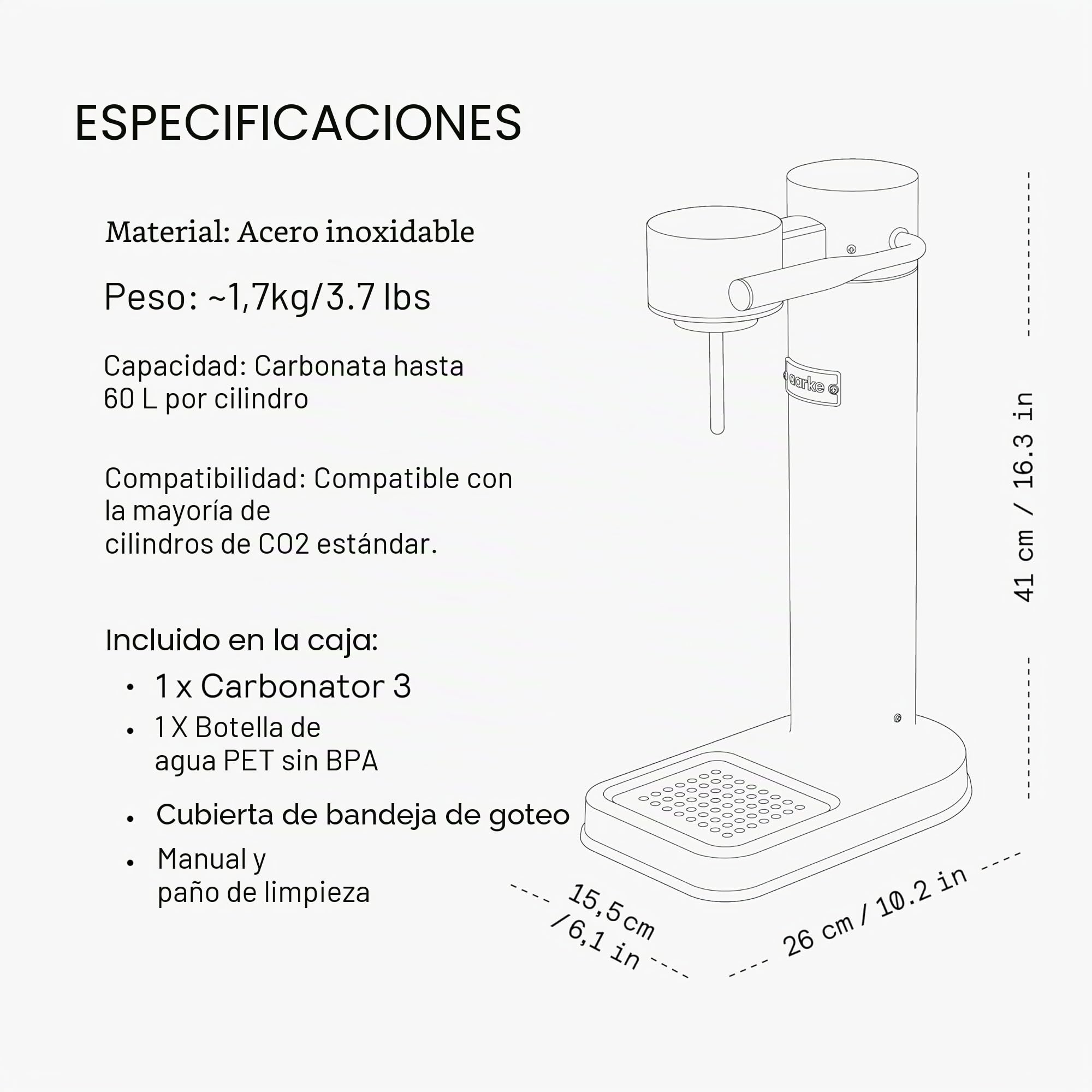 Aarke Carbonator 3 - Máquina de agua con gas en acero inoxidable, acabado gris mate + cilindro de 60 litros con CO2 renovable