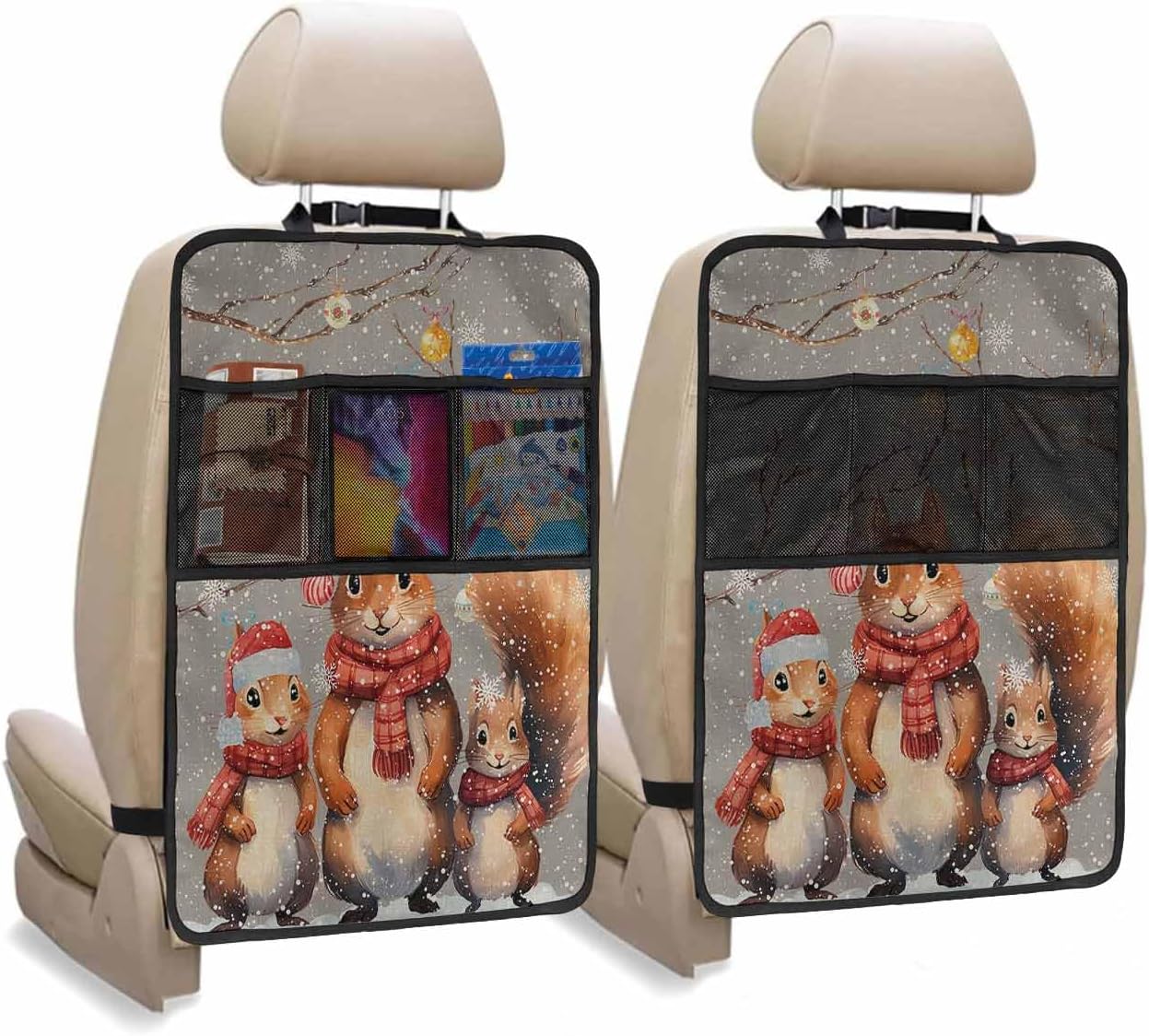 Car Seat Protector, 2 Pack Kick Mats with Organizer - 3 Pocket Storage, Retro Grey Christmas Squirrel Branch Ball Snowflake Back Seat Cover for Kids Universal Fit Automotive Interior Protectors