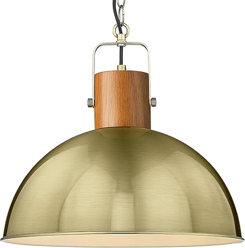 ELYONA Lámpara colgante de cúpula, candelabros de madera de goma de 16 pulgadas con pantalla de metal dorado vintage, lámpara colgante moderna de