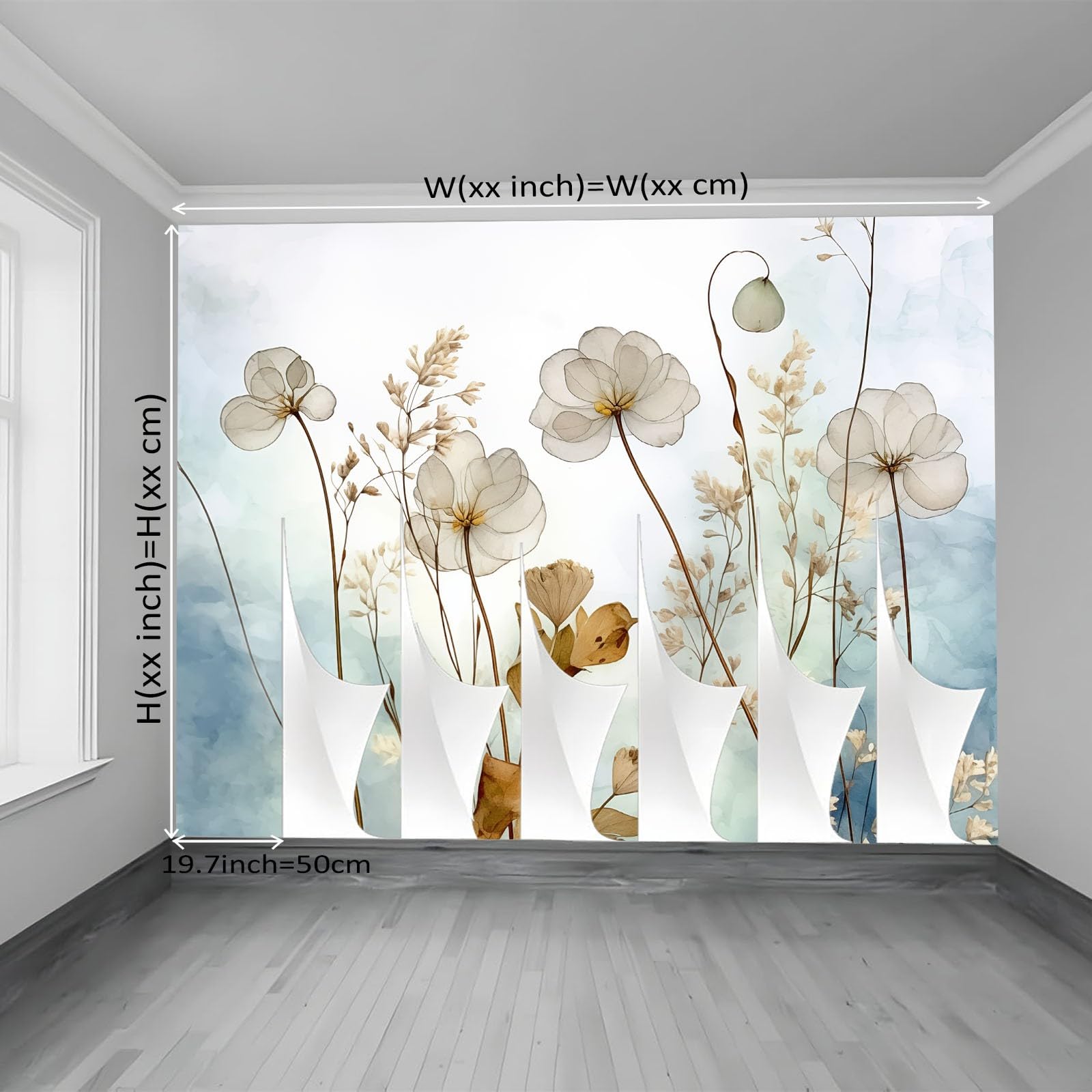Vliestapete 350 x 256 cm für Wanddekoration - Aquarell Pflanzen Trockenblumen Tapeten für Wohnzimmer Kinderzimmer TV Hintergrund, Hellblau Modedesign Fototapete