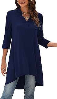 Women's 3/4 Sleeve Notch V Neck High Low Loose Fit Long Tunic Tops Shirts Blouses M-3XL