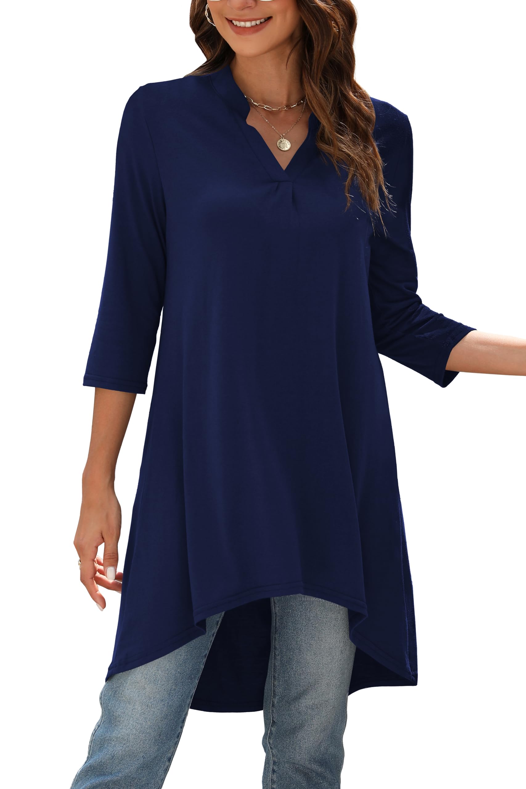 Naggoo Women's 3/4 Sleeve Notch V Neck High Low Loose Fit Long Tunic Tops Shirts Blouses M-3XL
