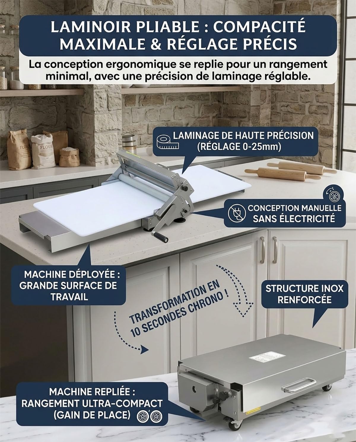 Laminoir Manuel Pliable 304 INOX - Machine à Pâte Pro 0-25mm, Laminoir Domestique pour Croissants, Pâte Feuilletée, Pizza et Biscuits - Design Compact Gain de Place 40x90cm