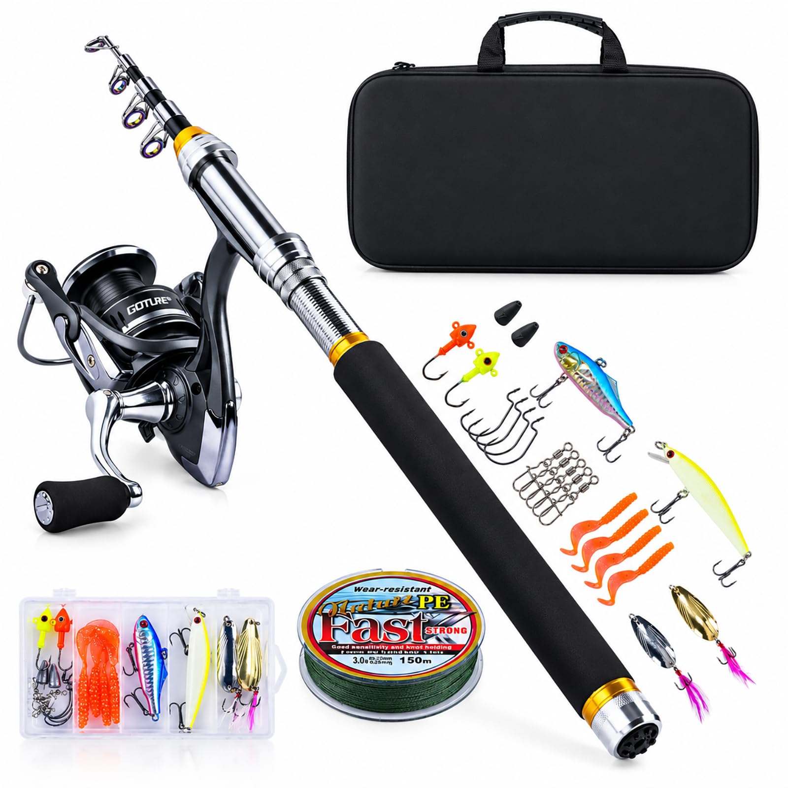 Goture 24T Carbon Fiber Telescopic Fishing Rod and Reel Combo Kit 6FT-9FT