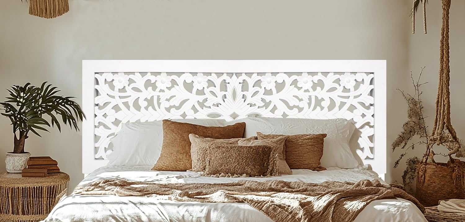 COTTON CRAFT Solid Wood Sturdy Queen Headboard - Compatible with All Bed Frame - Intricate Hand Carved Rajasthan Motif - Bohemian Transitional - Beautiful for Any Bedroom - Rustic Antique Brown