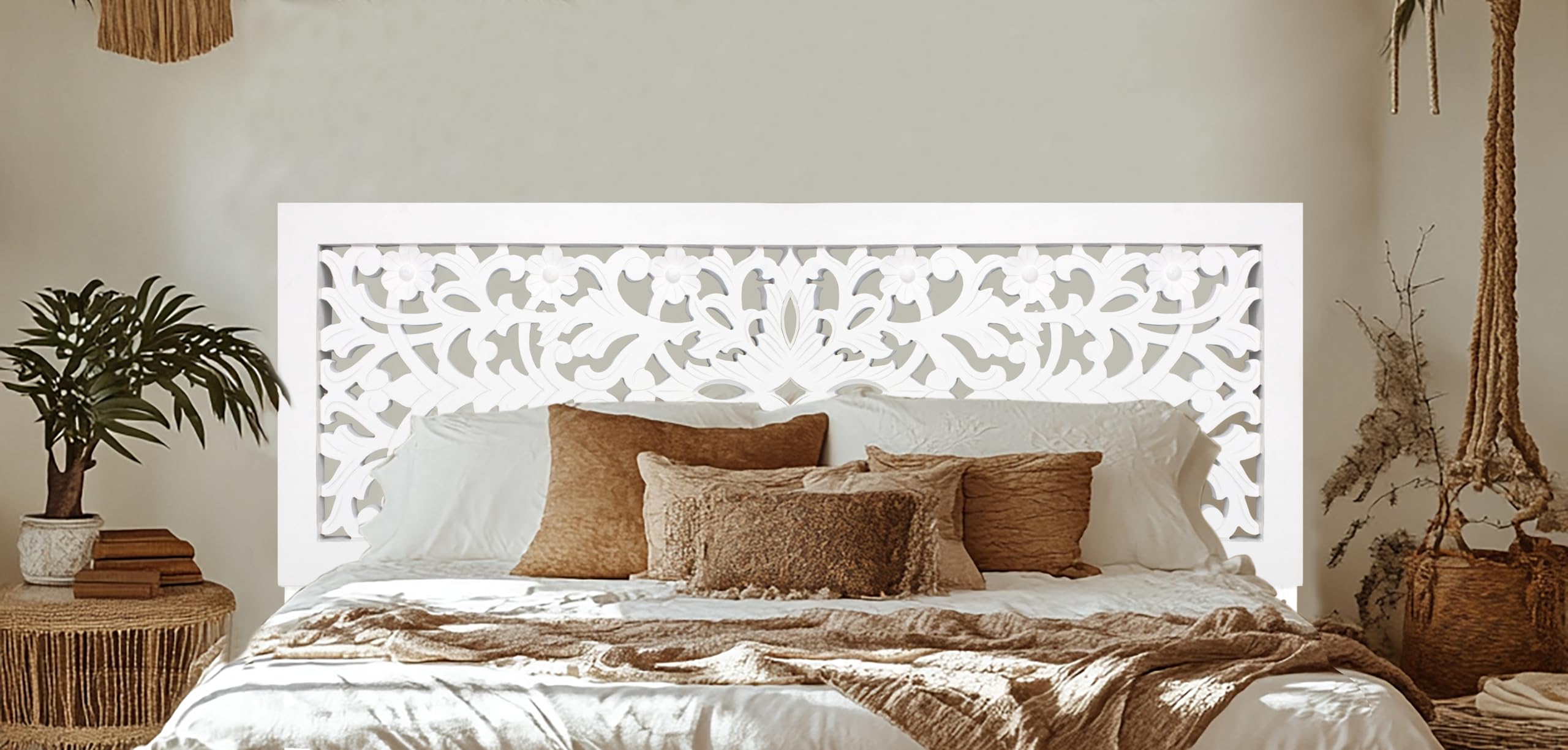 COTTON CRAFT Solid Wood Sturdy Queen Headboard - Compatible with All Bed Frame - Intricate Hand Carved Rajasthan Motif - Bohemian Transitional -