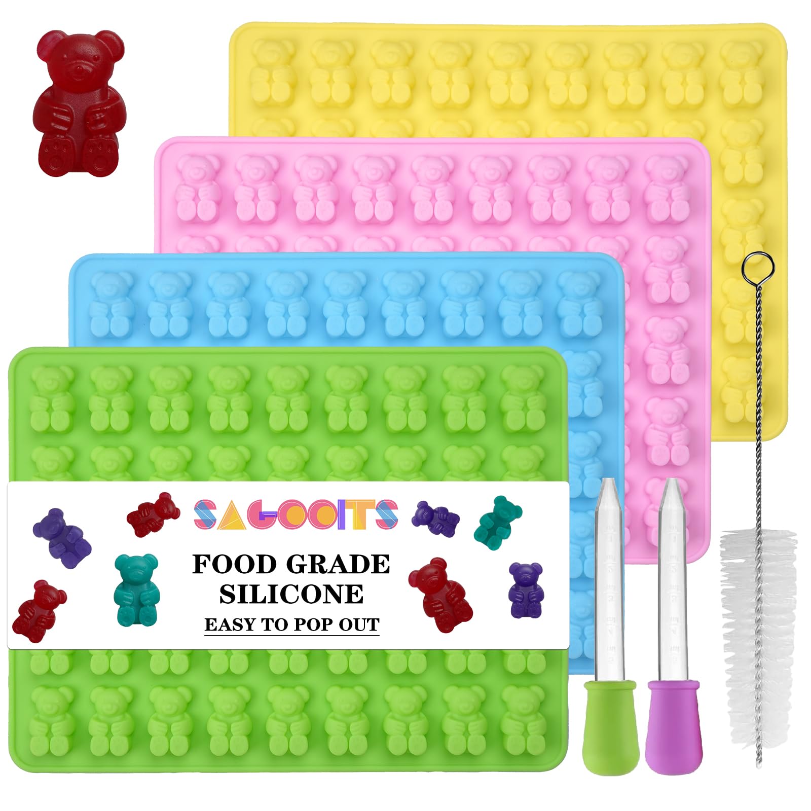 Moldes grandes de gomitas para caramelos, moldes para gomitas de chocolate y caramelos, moldes de silicona premium, paquete de 4 con 2 cuentagotas