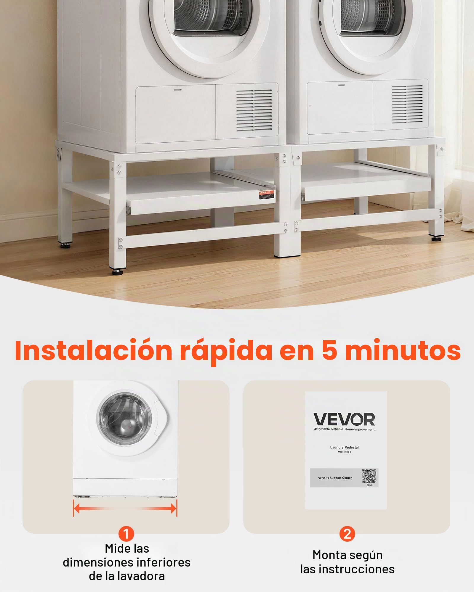 VEVOR Soporte para Lavadora Alto de 370 mm, Base de Lavadora de Acero Resistente, Capacidad de Carga de 318 kg, Pedestal Universal para Secadora con Bandeja Extraíble, Patas Antideslizantes, 2 Piezas