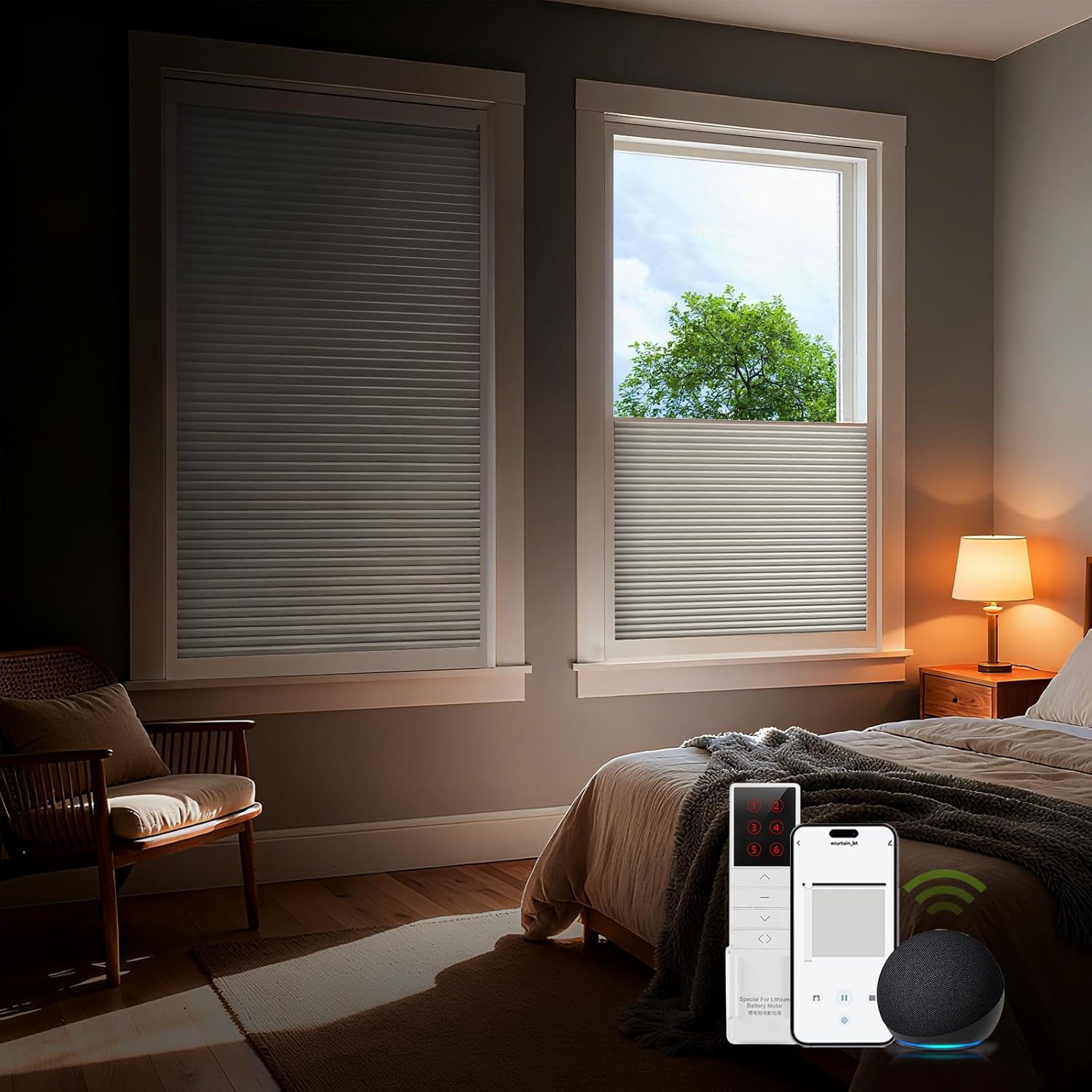 ZSTARR Motorized Skylight Shades Blackout Cellular Honeycomb Electric Blinds with Solar Panel Cordless Rechargeable with Remote for Roof and Slanted Windows Custom Size (Black Out White)