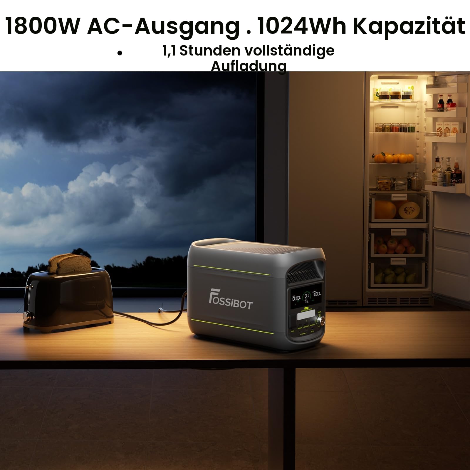 FOSSIBOT F1800 Tragbare Powerstation 1800W, 1024Wh LiFePO4 Solargenerator, 100W Typ-C, 45 Min. Schnellladung von 0-80%, für Reise, Camping, Hausgebrauch