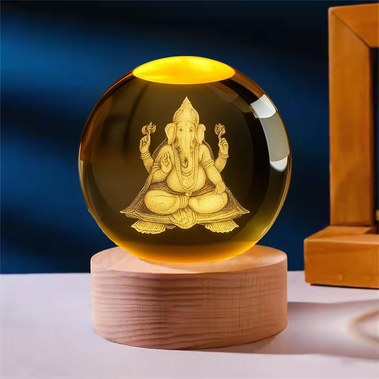 One94Store 3D Crystal Ball Night Lamp – Engraved Ganesh Ji LED Light, USB-Powered Table Lamp with Wooden Base, Romantic Home & Office Décor, Bedroom, Anniversary, Birthday Gift (Warm White)