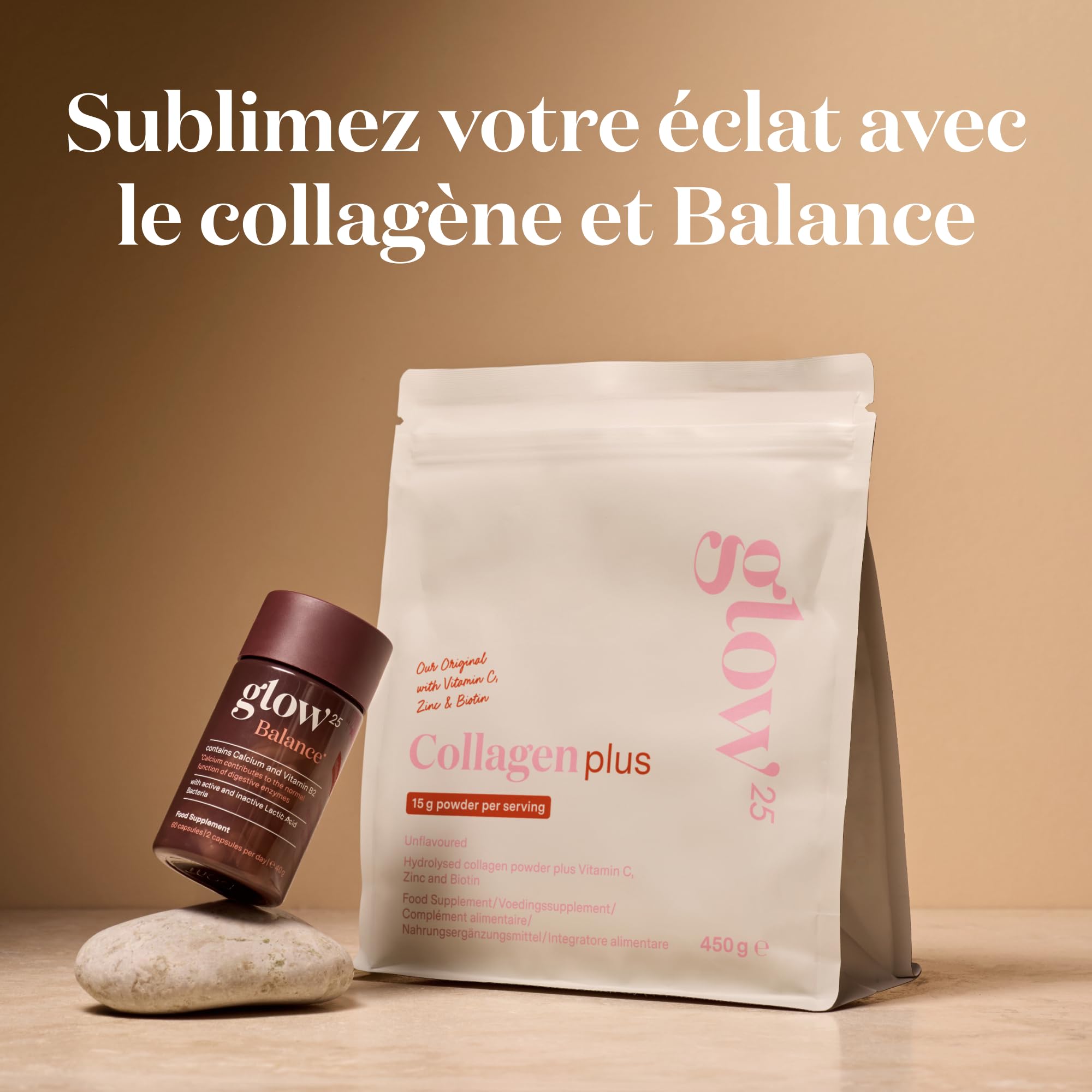 Glow25® Collagène Plus 450g Complément Alimentaire Vitamine C Zinc Biotine Hydrolysat de Collagène Premium Peptides Type 1 et 3