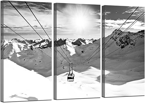 Biuteawal 3 piezas de arte de pared de invierno en blanco y negro para remonte al sol, imágenes en lienzo, pintura de paisaje de montaña de nieve,