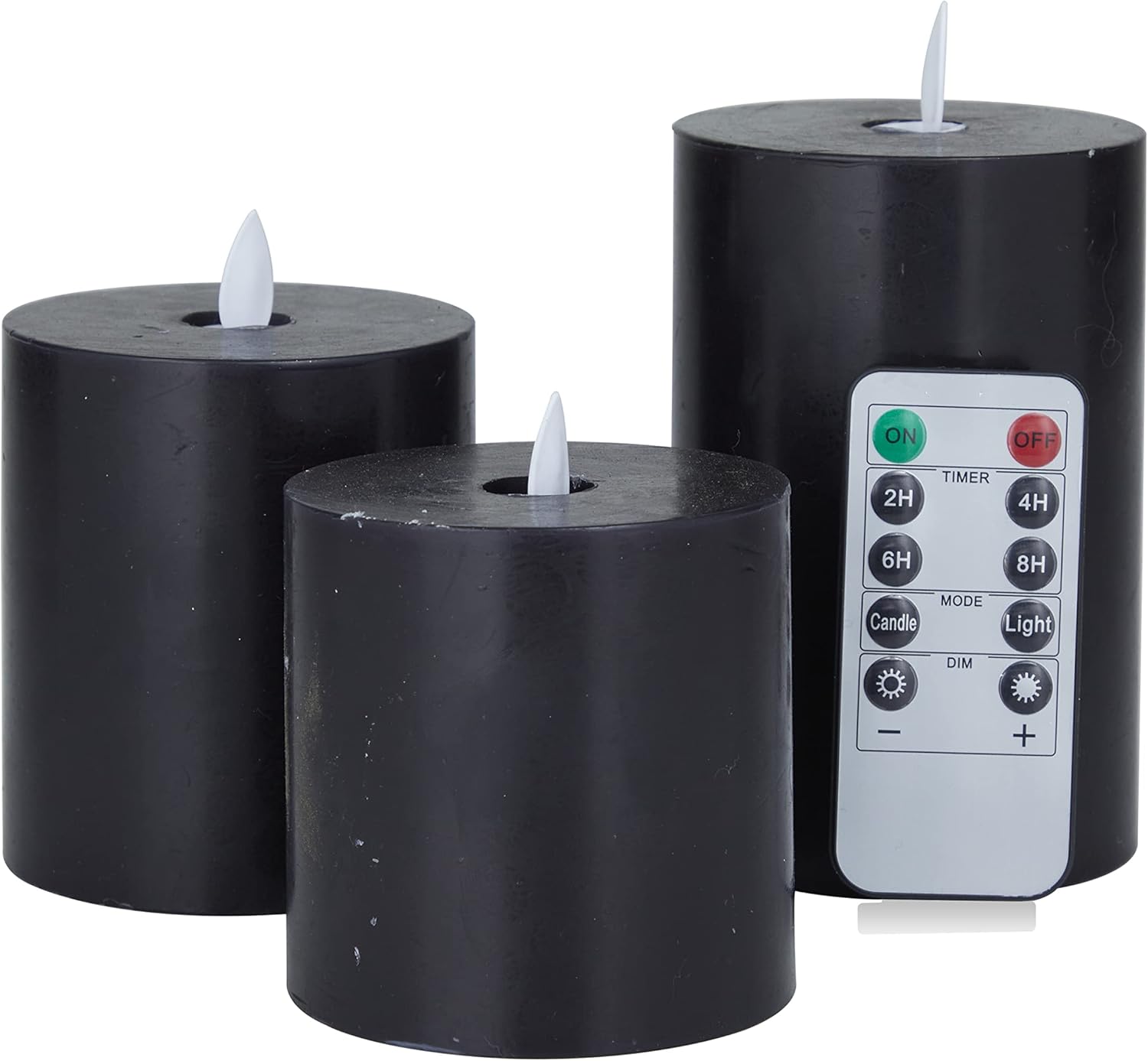 Deco 79 Wax Round Flameless Candle with Remote Control, Set of 3 4", 5", 3"H, Black