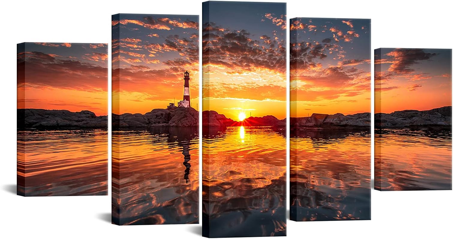 Nachic Wall Large Sunset Wall Art Lighthouse Canvas Printed Nature Scenic Pictures for Bedroom Wall Decor