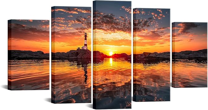 Nachic Wall Large Sunset Wall Art Lighthouse Canvas Printed Nature Scenic Pictures for Bedroom Wall Decor
