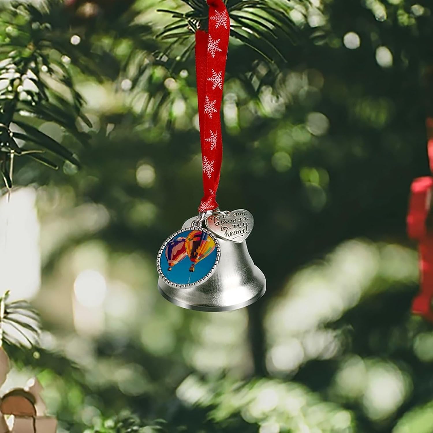 Christmas Bell Hot Air Colorful Balloons Jingle Bell with Love Pendant Christmas Ornament Metal Vintage Bells with Red Rope Christmas Tree Hanging for Holiday Party Decoration