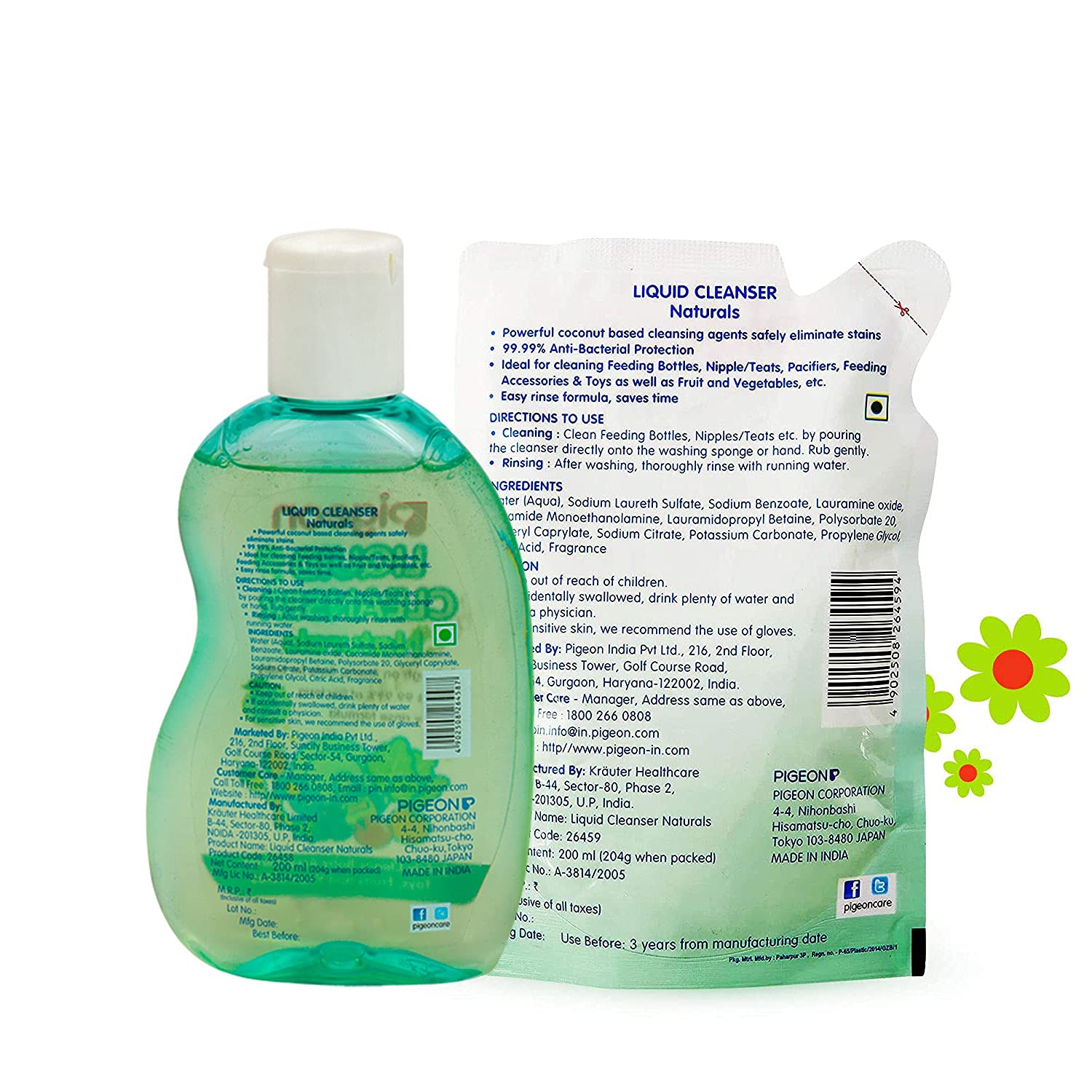 Pigeon Liquid Cleanser Naturals Bottle and Refill Combo 400ml Japan's No.1 Brand | Baby Bottle Cleaning Liquid | Dish Washing Liquid for Feeding Accessories, Fruits & Vegetables