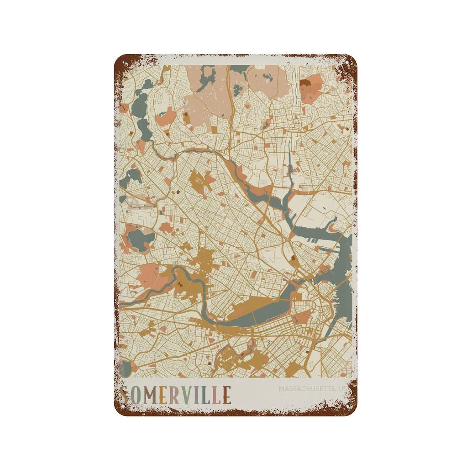 xiaoxiaoshen Somerville Map Massachusetts Travel Gift Boho Wall Decor Art Metal Tin Poster Modern Home Decor Art Home Bar Shop Decorations Vintage Sign 30x20cm