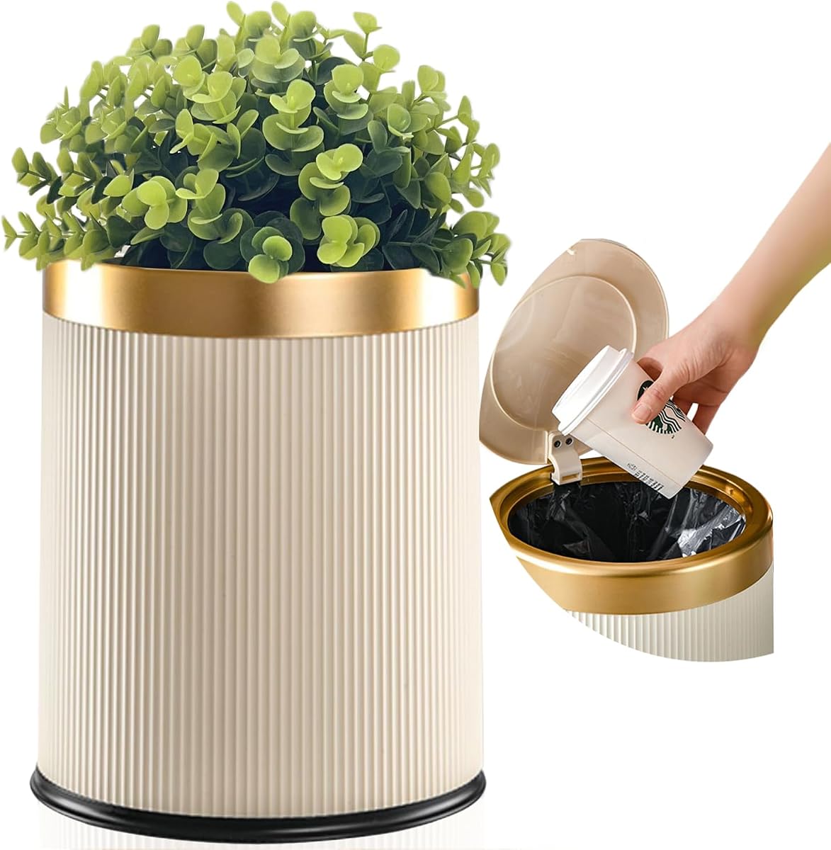 Papelera de baño con tapa - Papelera decorativa (planta sintética) | Bote de basura pequeño para baño, dormitorio, sala de estar, entradas, cesto de basura oculto de plástico, 2,6 galones, color crema con borde dorado