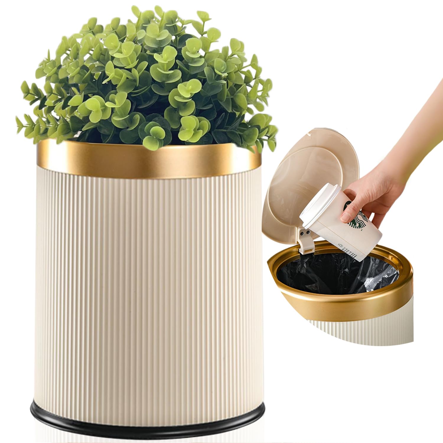 Yatmung Bathroom Trash Can with Lid - Decorative Trash Bin (Faux Plant) - Small Bathroom Garbage Can - Bedroom, Living Room, Entryways - Plastic Hidden Waste Basket - 2.6 Gal, Cream with Gold Edge
