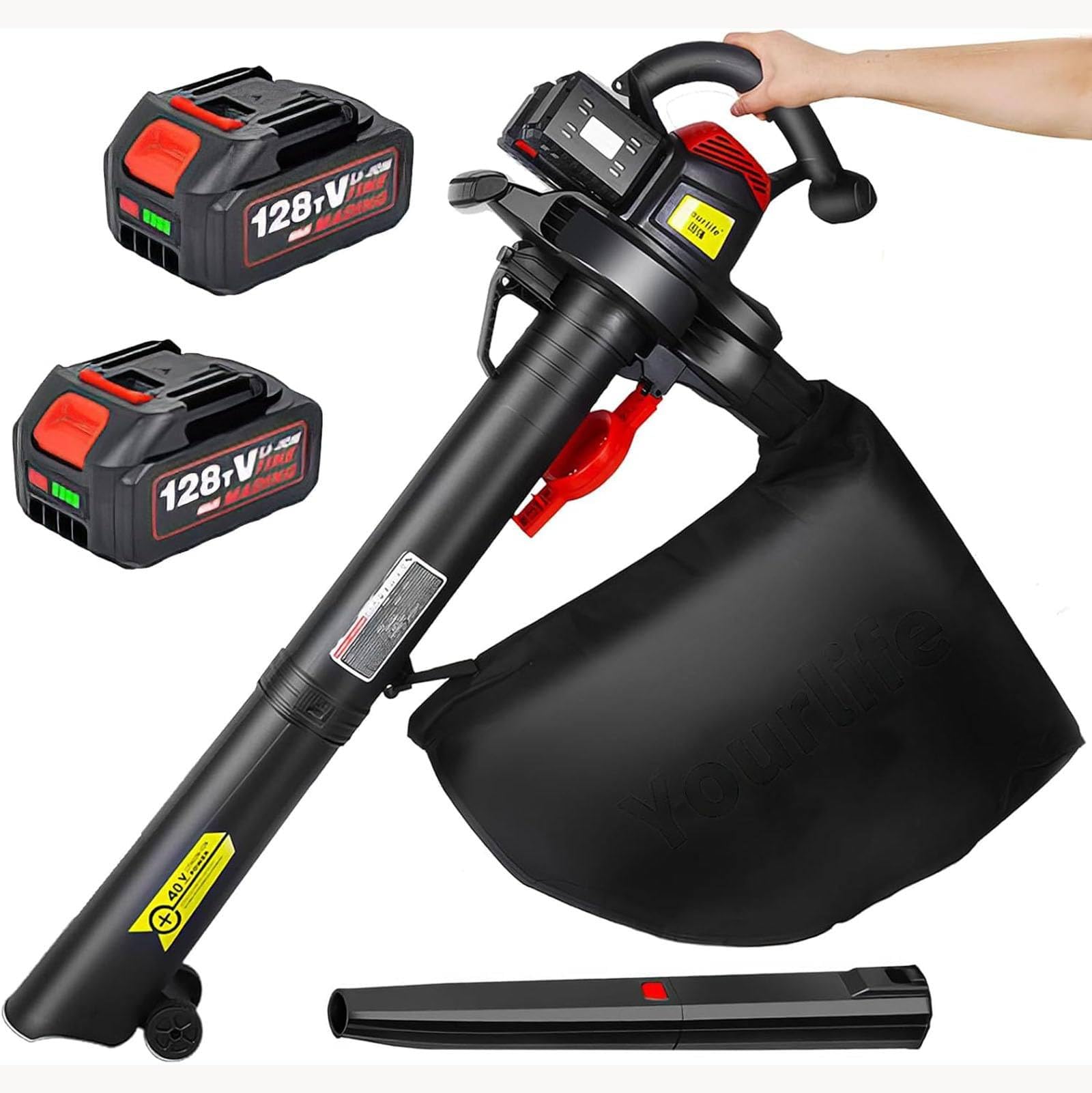Aspirapolvere e trituratore per giardini, soffiatore per foglie senza fili, soffiatore per foglie elettrico da 40 V, 6 velocità, 156 CFM, 2 aspiratori per foglie trituratori a batteria da 4,0 Ah