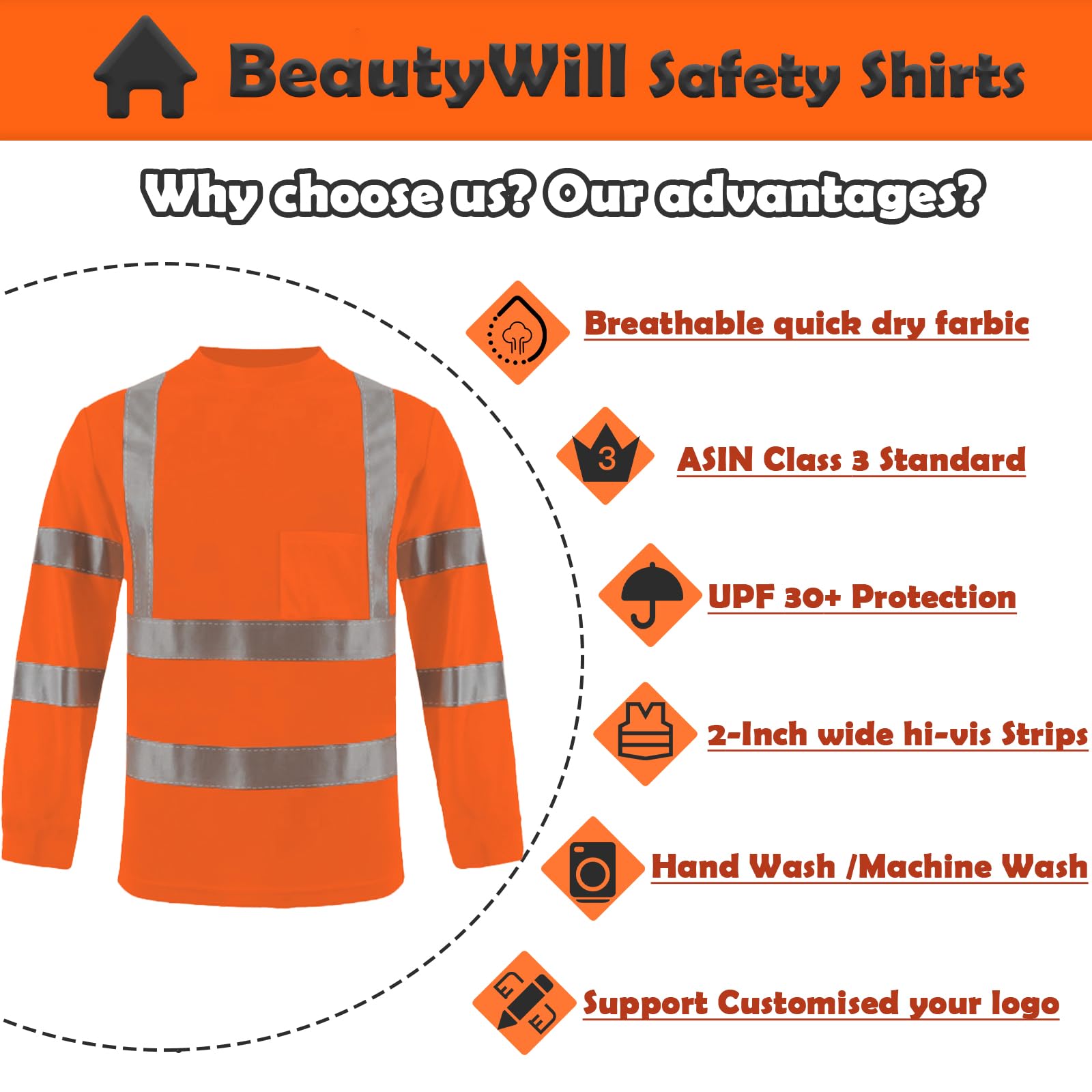 BeautyWill 10 Pack Safety T Shirts ANSI Class 3 Standard High Visibility Shirt with Reflective Tapes and Pocket Work Shirts for Men Construction (Orange-LongSleeve,Large)