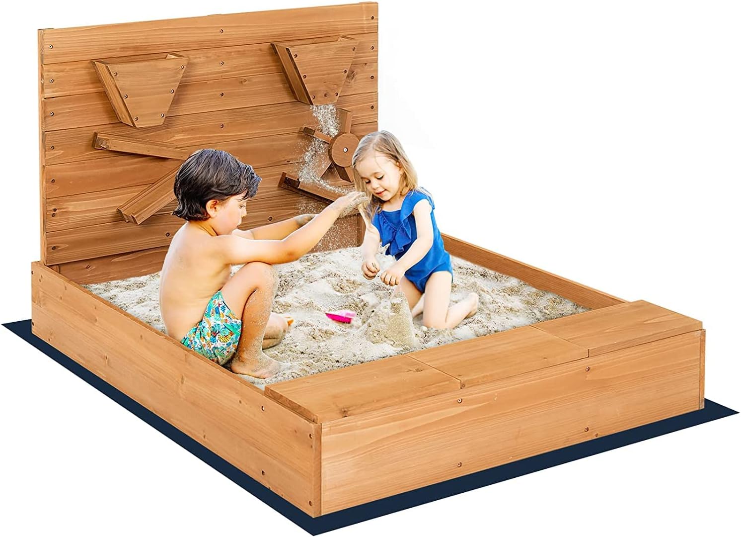 HONEY JOY Sandbox with 30” Sand Wall, Cedar Bottomless Sand Pit w/Funnel, Chutes, Storage Box, Bottom Liner & Cover, Outdoor Sand Box for Backyard Garden Beach
