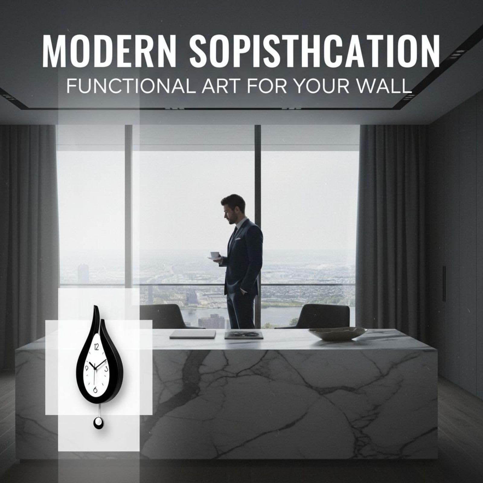 Reloj de pared con péndulo acrílico de gota de agua, 24 x 52 cm, estilo moderno en blanco y negro, movimiento silencioso, relojes decorativos para sala de estar, dormitorio, oficina