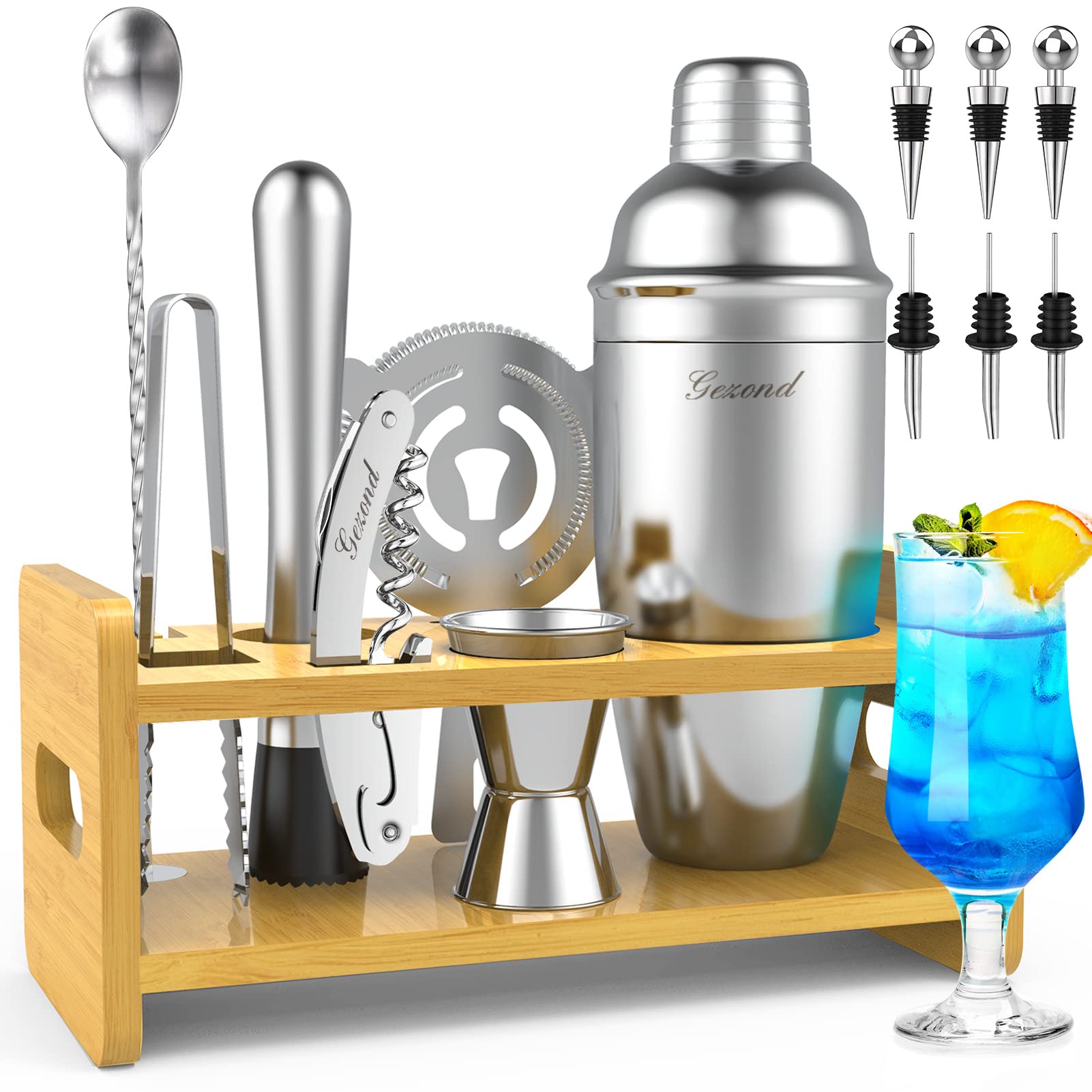 Gezond Cocktail Shaker Set Bartender Kit with Stand, 14 Pieces Home Bar Accessories for Drink Mixing, Martini Shaker Stainless Steel Bar Tools Set for Beginners, Silver
