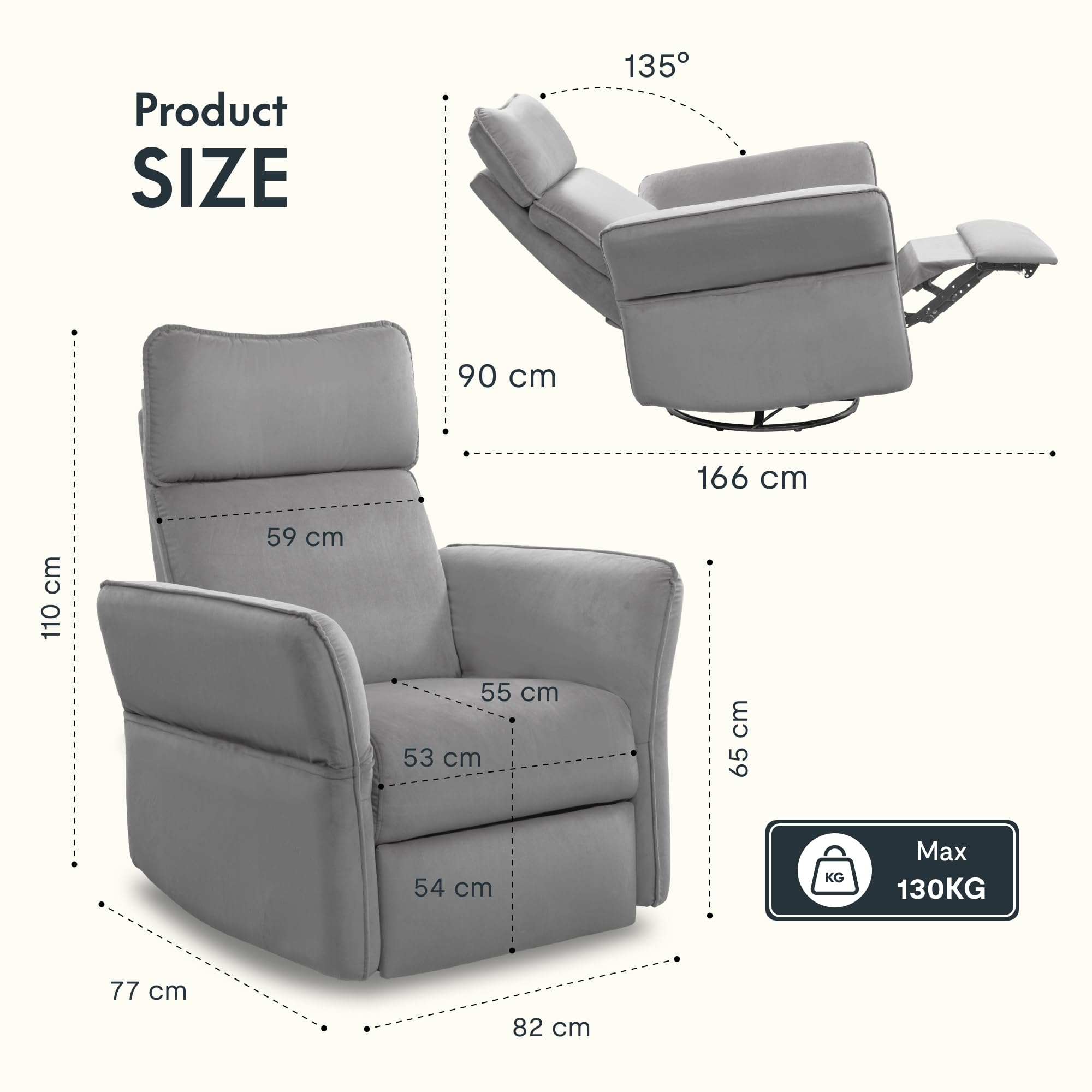 FLEXISPOT Cradle Sillón Relax, Sillon Eléctrico con Función Reclinable, Chaises Longues, Sillón Giratorio TV con Balancín, Reposacabezas 3D, Reposabrazos Ajustable, Respaldo Ajustable para Salón, Gris