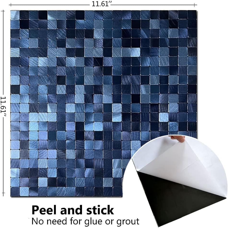 XUANINY 5-Sheet Peel and Stick Backsplash Tiles Dark Blue Surface Aluminum Mosaic Sticker for Kitchen (11.61"x11.61" Per Sheet, Pack of 5pcs) (Dark Blue)