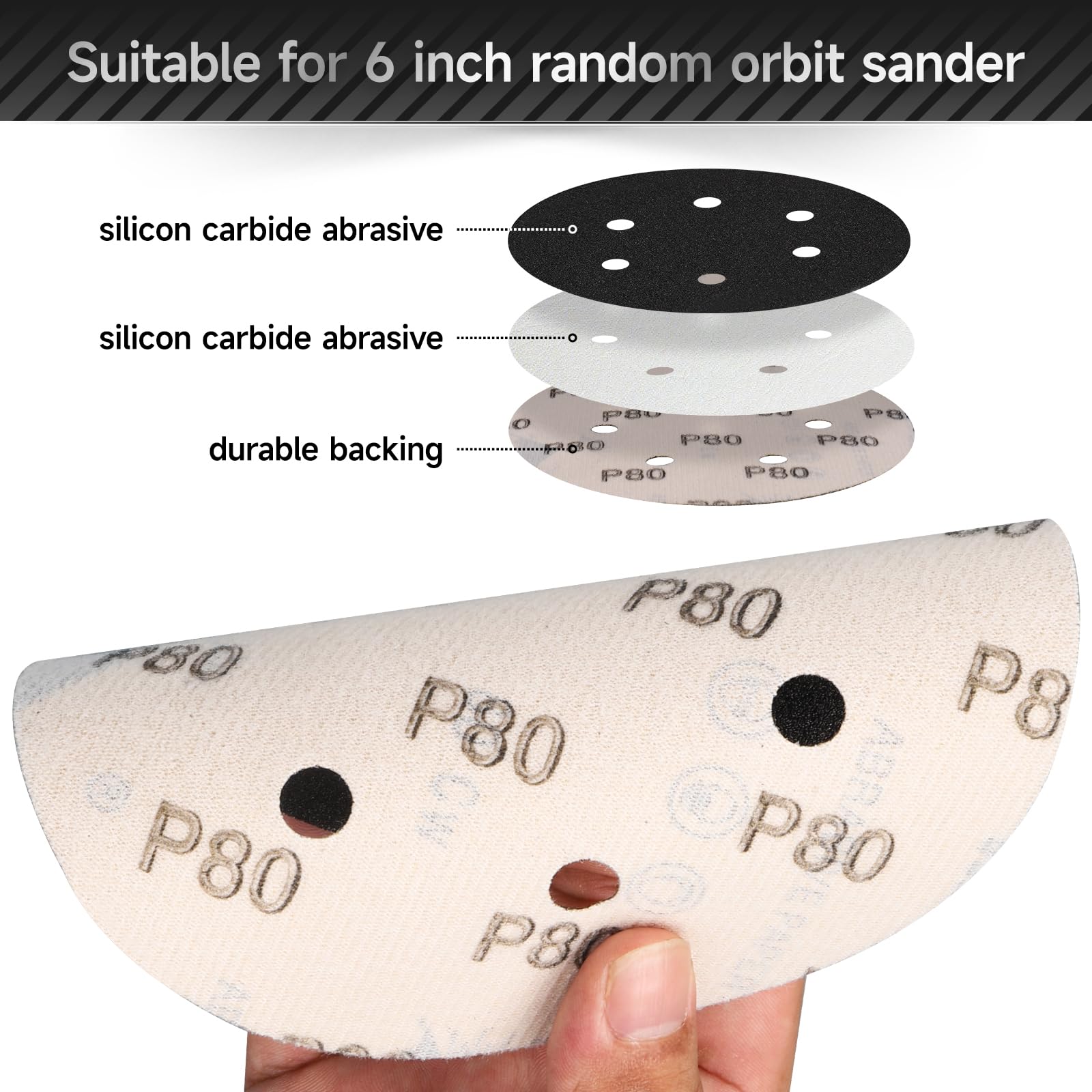 STEBRUAM Dischi abrasivi da 150 mm, 50 pezzi, carta vetrata in carburo di silicio, con grana 5 x 60/80/100/120/150/180/220/240/320/400 per levigatrice orbitale o casuale