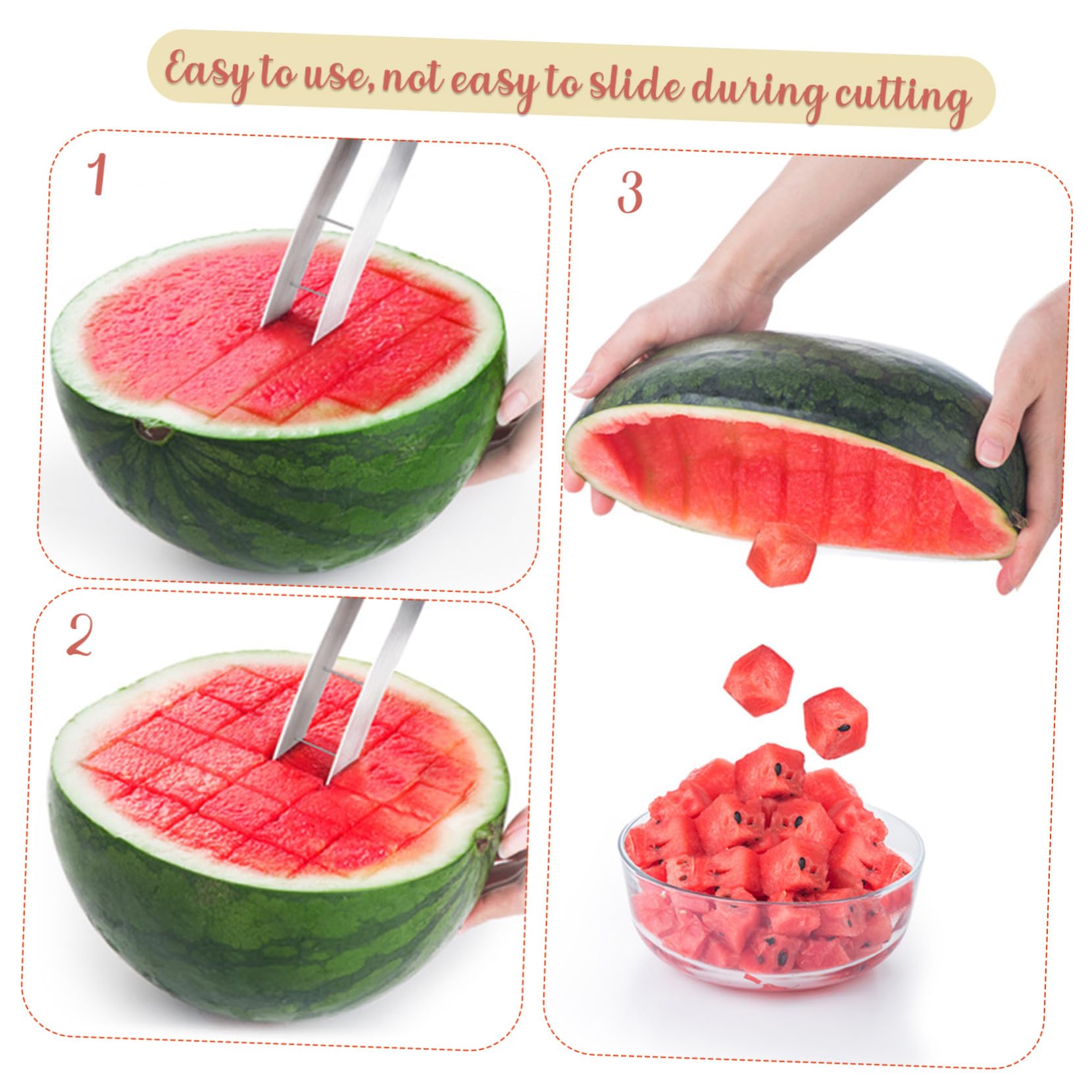 2 Stück Wassermelonen Teiler Edelstahl Wassermelonen Würfel Cutter Sicher Rutschfest Vielseitig für Melone Obstsalat Küche Einfach zu Reinigen