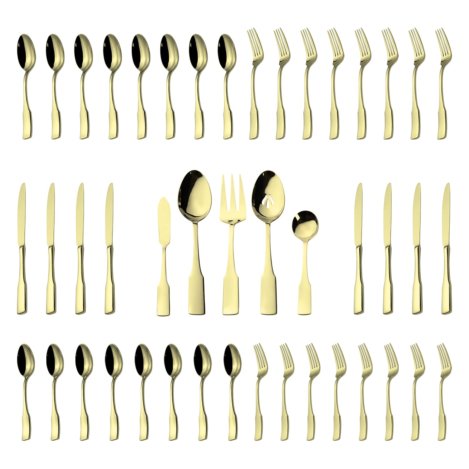 Alata Kate Champagne Gold Mirror 45-Piece Silverware With Utensil-Serving Set, Service for 8, Stainless Steel Flatware, Mirror Polished Cutlery, Dishwasher Safe