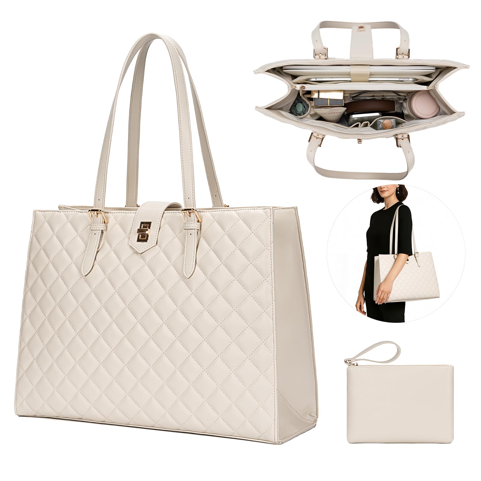 BAGOK Quilted Laptoptasche Damen aus PU Leder, Arbeitstasche Shopper Tote, Lehrertasche Nurse Bag, große Kapazität, passend für Laptops bis zu 14 Zoll, für Büro, Uni und Alltag